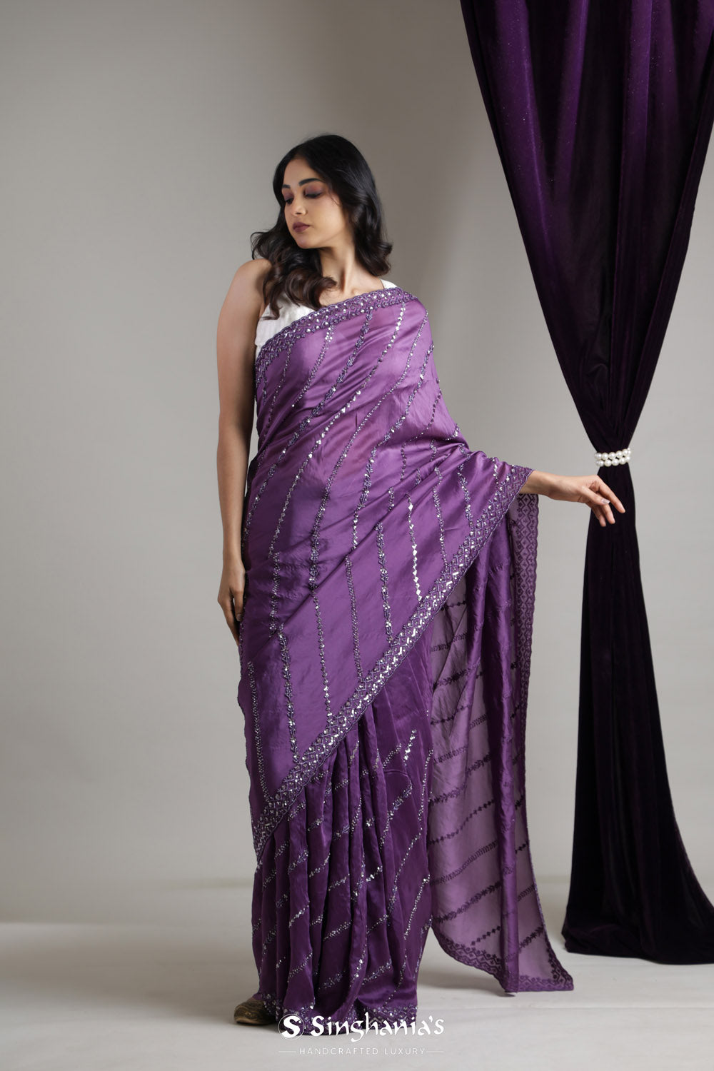 Eminence Purple Tissue Organza Saree With Hand Embroidery