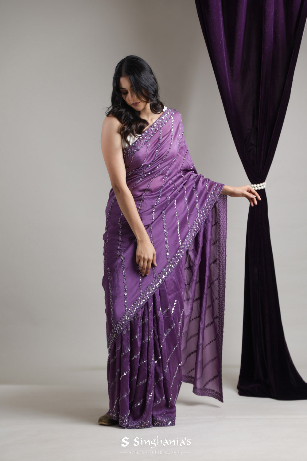 Eminence Purple Tissue Organza Saree With Hand Embroidery