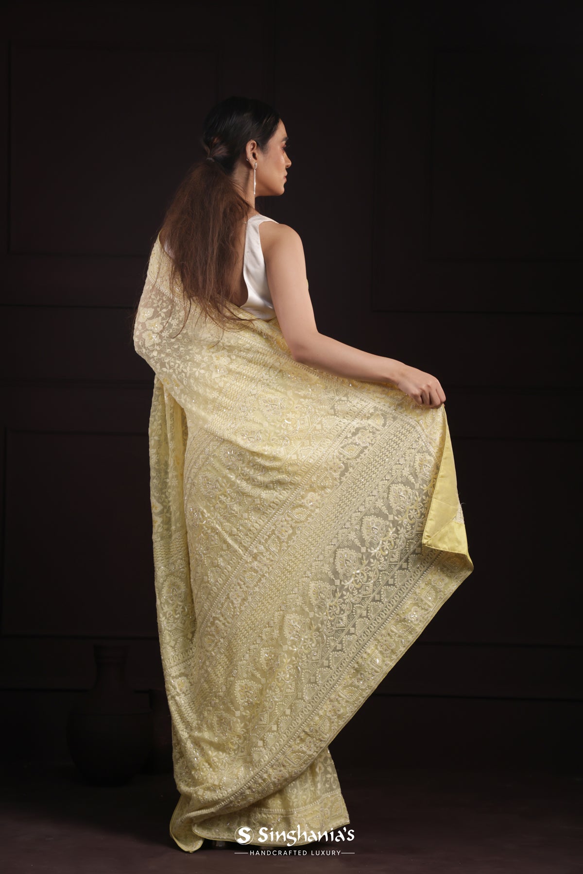 Light Khaki Yellow Georgette Saree With Hand Embroidery