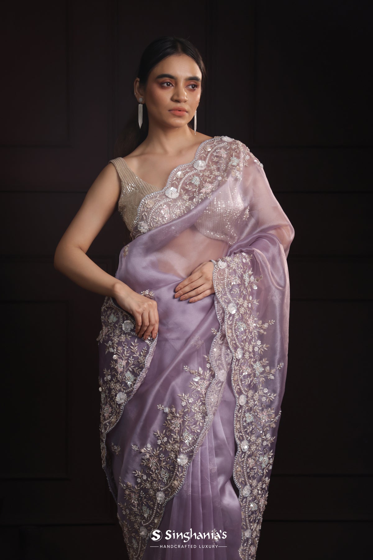 Heather Purple Designer Tissue Organza Saree