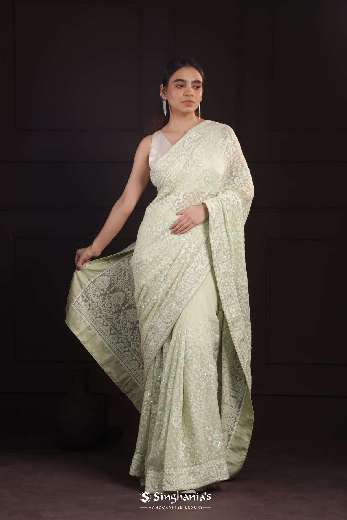 Mint Green Georgette Saree With Hand Embroidery