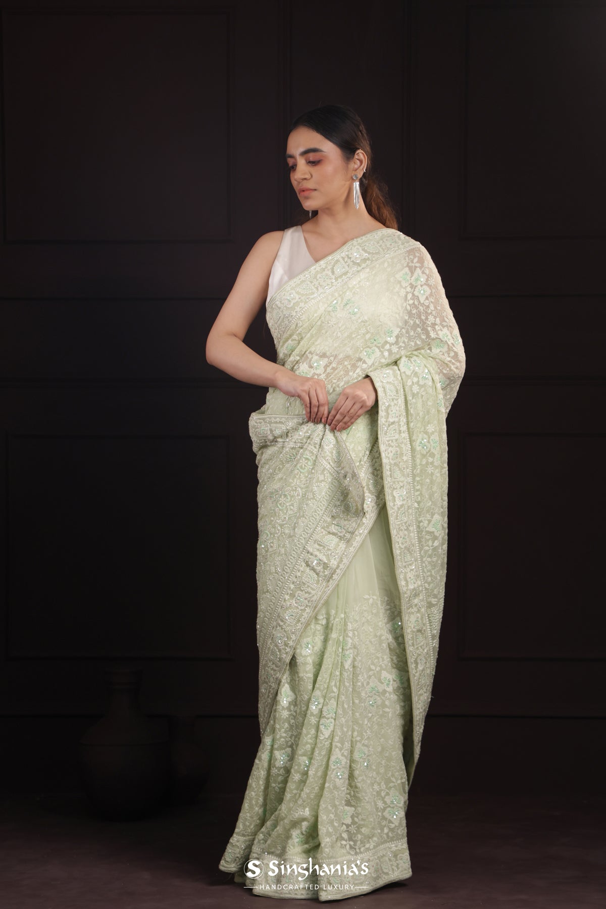 Mint Green Georgette Saree With Hand Embroidery