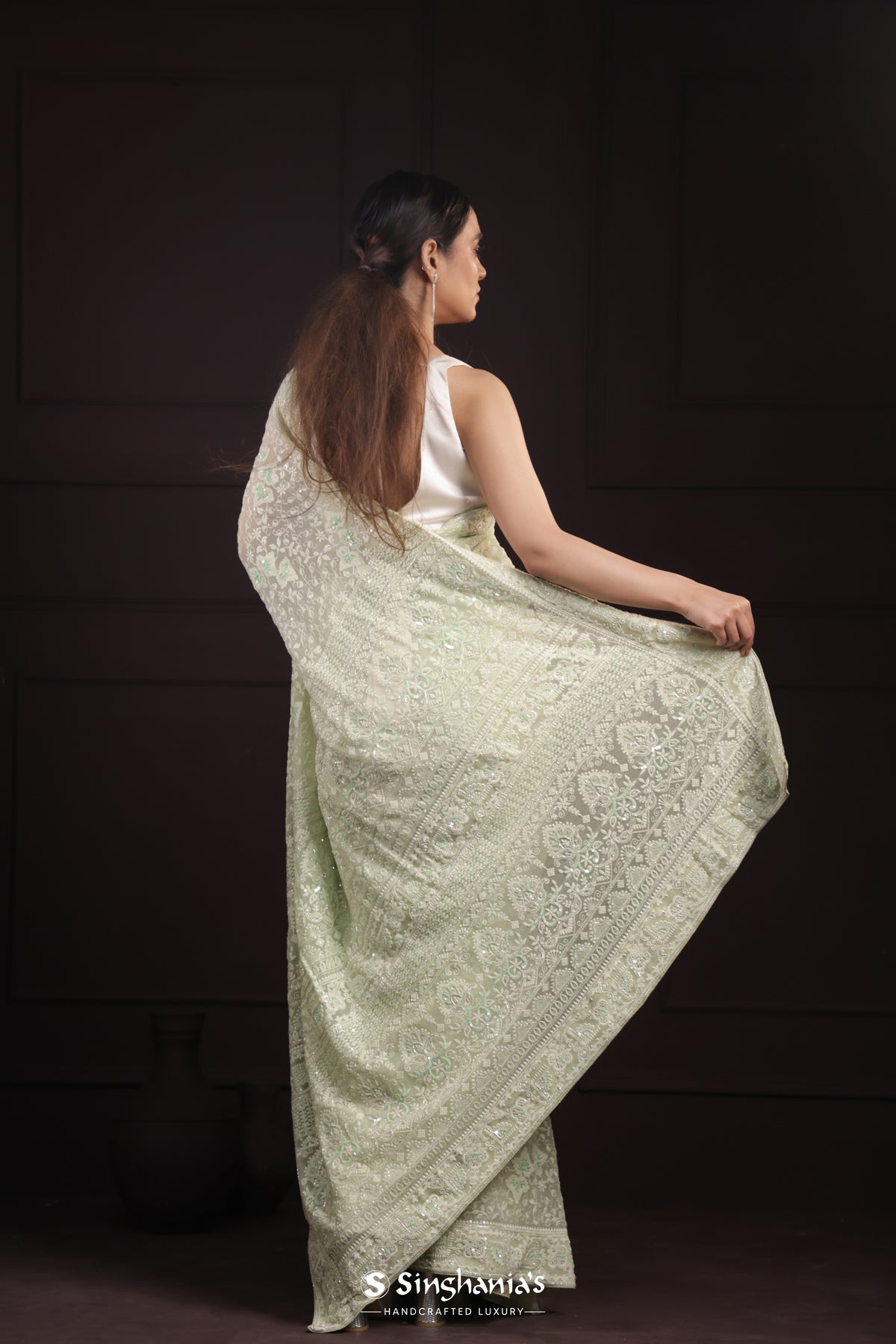 Mint Green Georgette Saree With Hand Embroidery