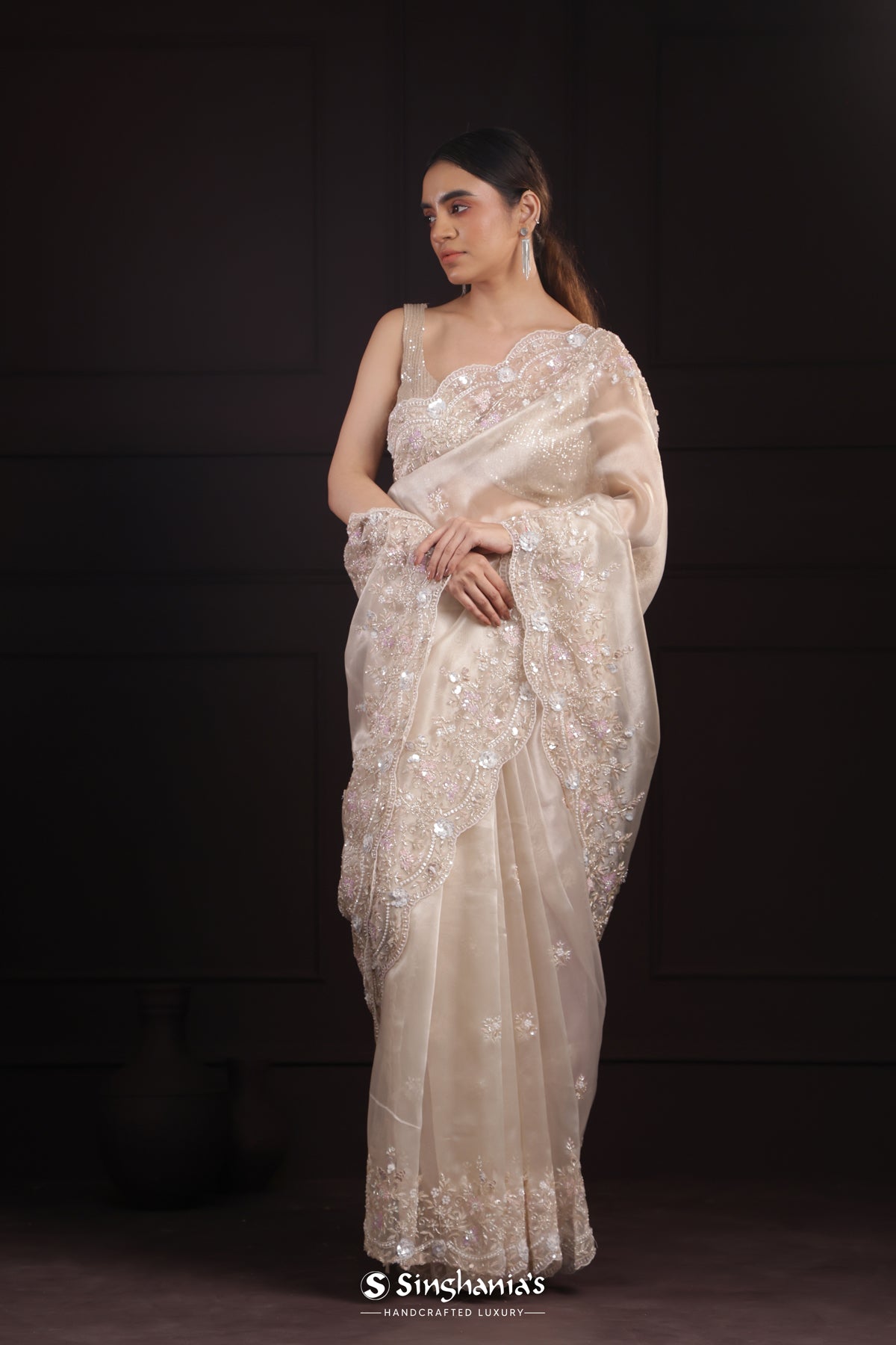 Cocoa Cream Designer Tissue Organza Saree With Embroidery