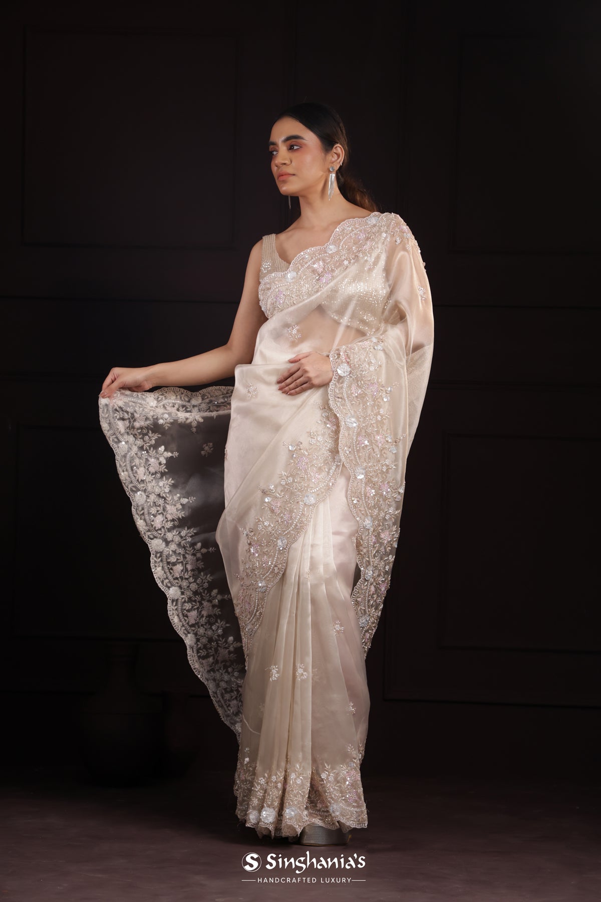 Cocoa Cream Designer Tissue Organza Saree With Embroidery