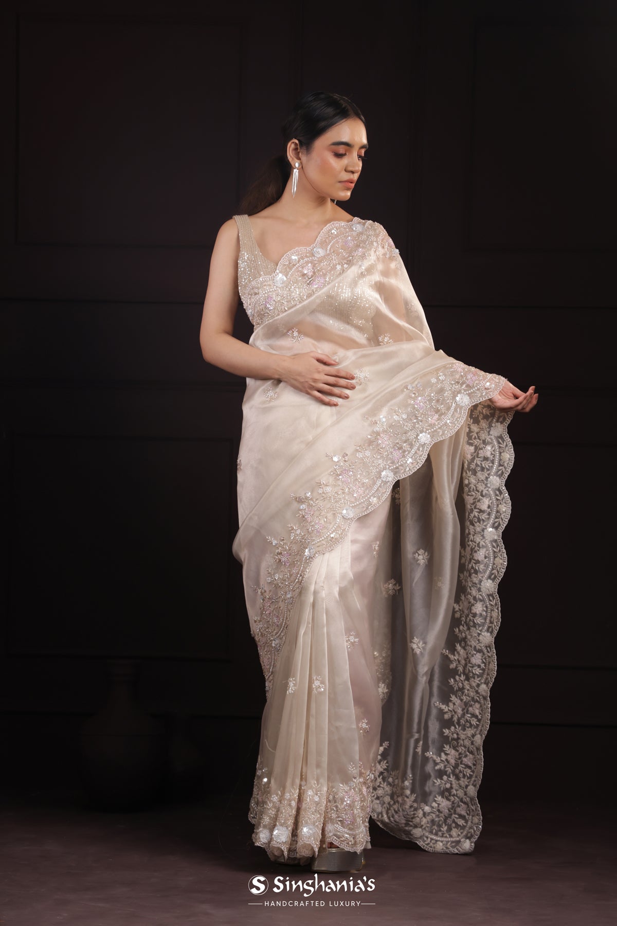 Cocoa Cream Designer Tissue Organza Saree With Embroidery