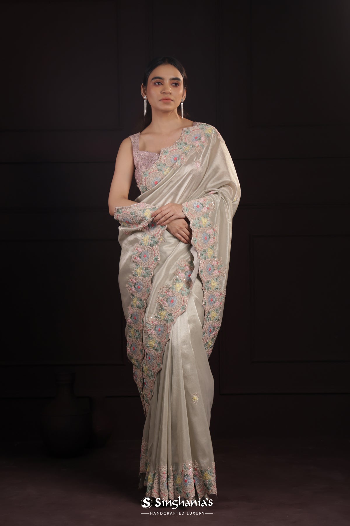 Gentle Gray Designer Tissue Organza Saree With Embroidery