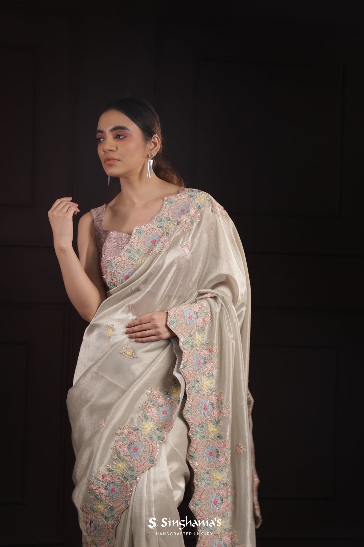 Gentle Gray Designer Tissue Organza Saree With Embroidery