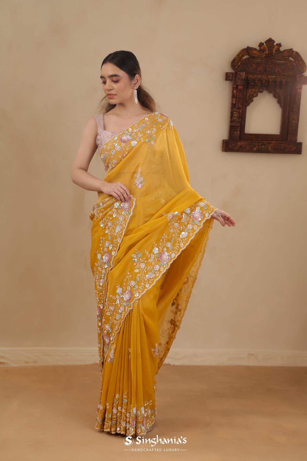 Mango Yellow Organza Saree With Hand Embroidery