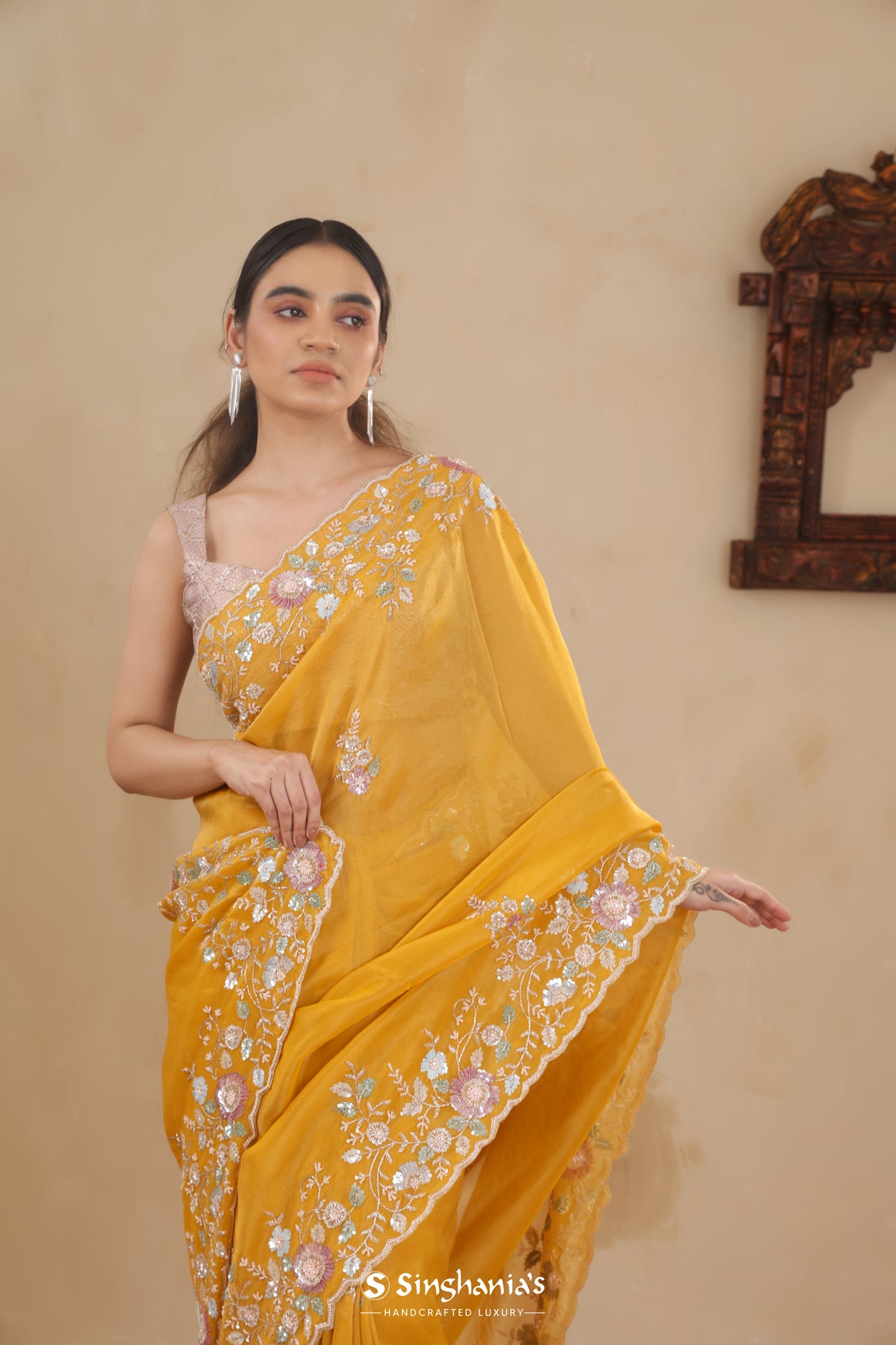 Mango Yellow Organza Saree With Hand Embroidery