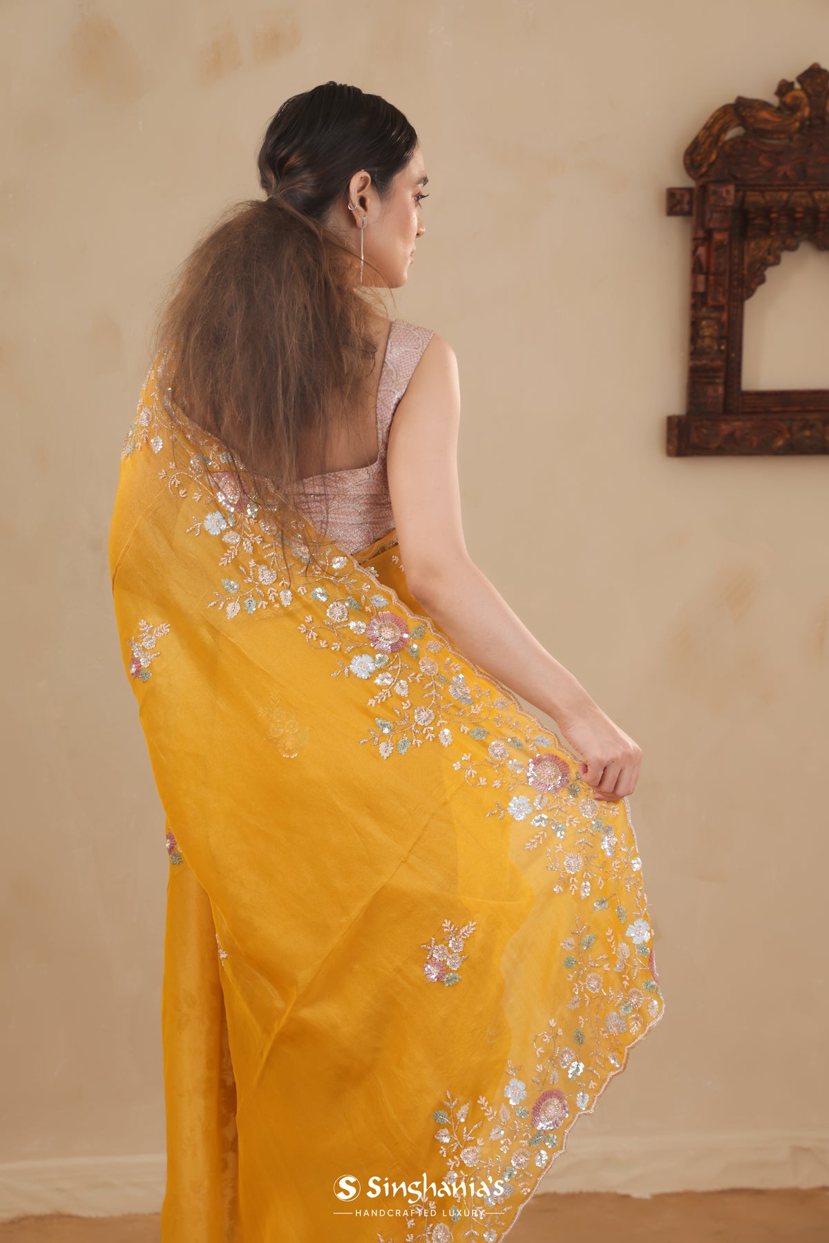 Mango Yellow Organza Saree With Hand Embroidery