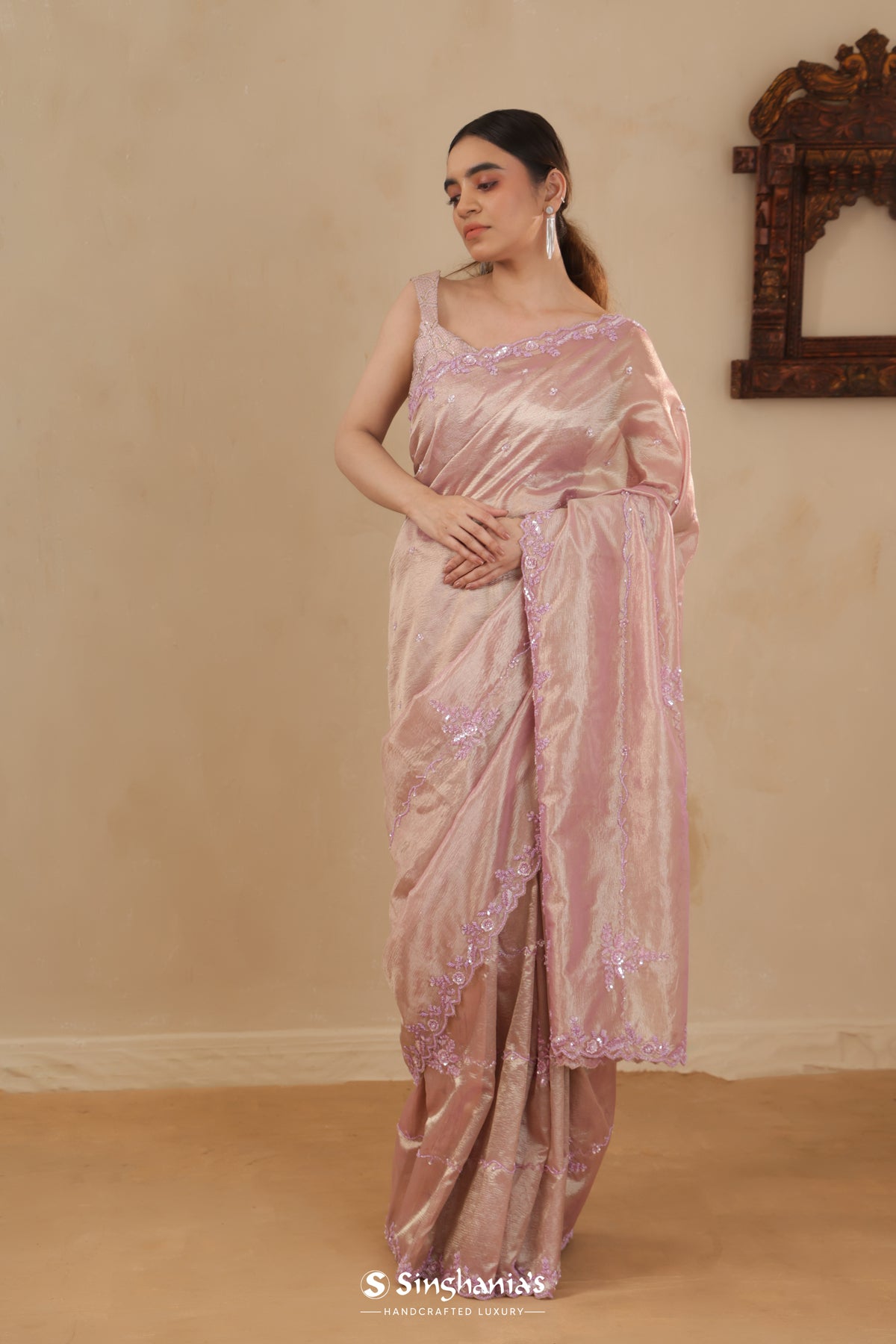 Onion Pink Handcrafted Tissue Organza Saree