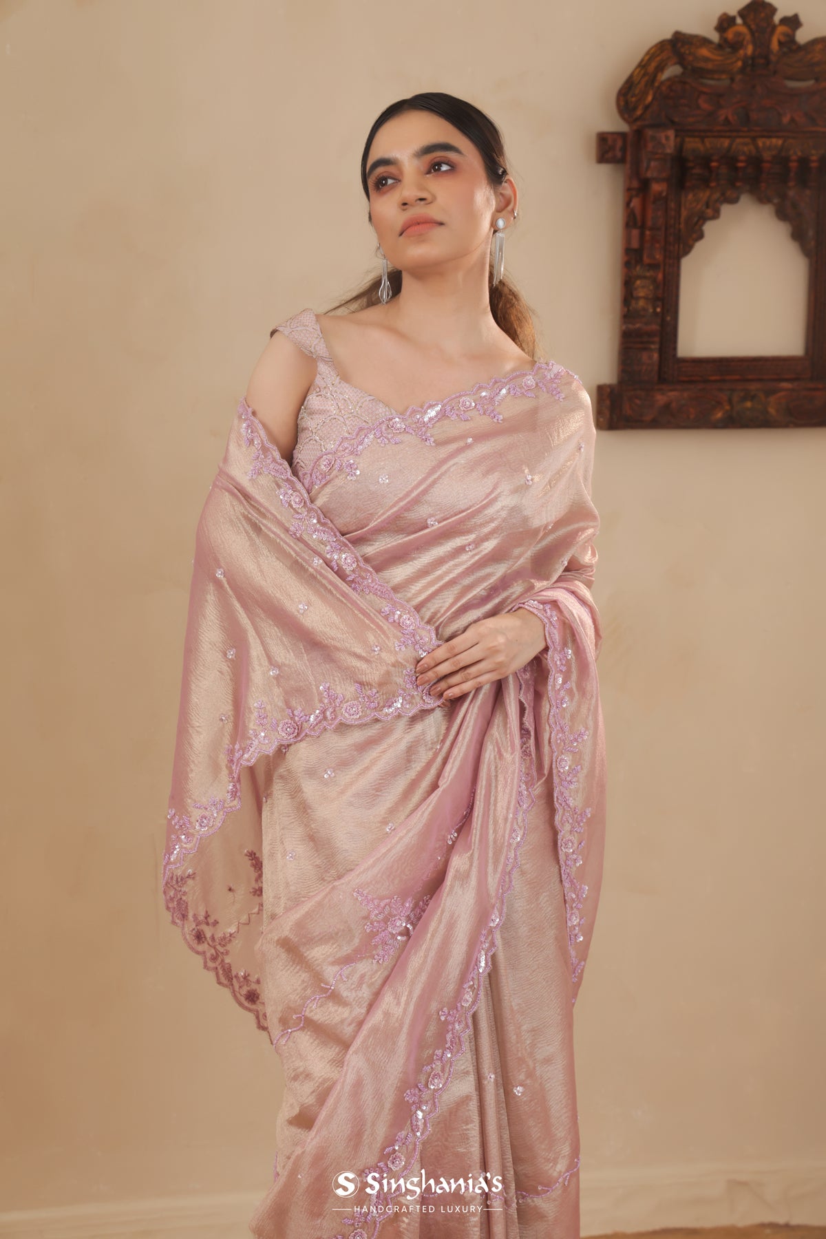 Onion Pink Handcrafted Tissue Organza Saree