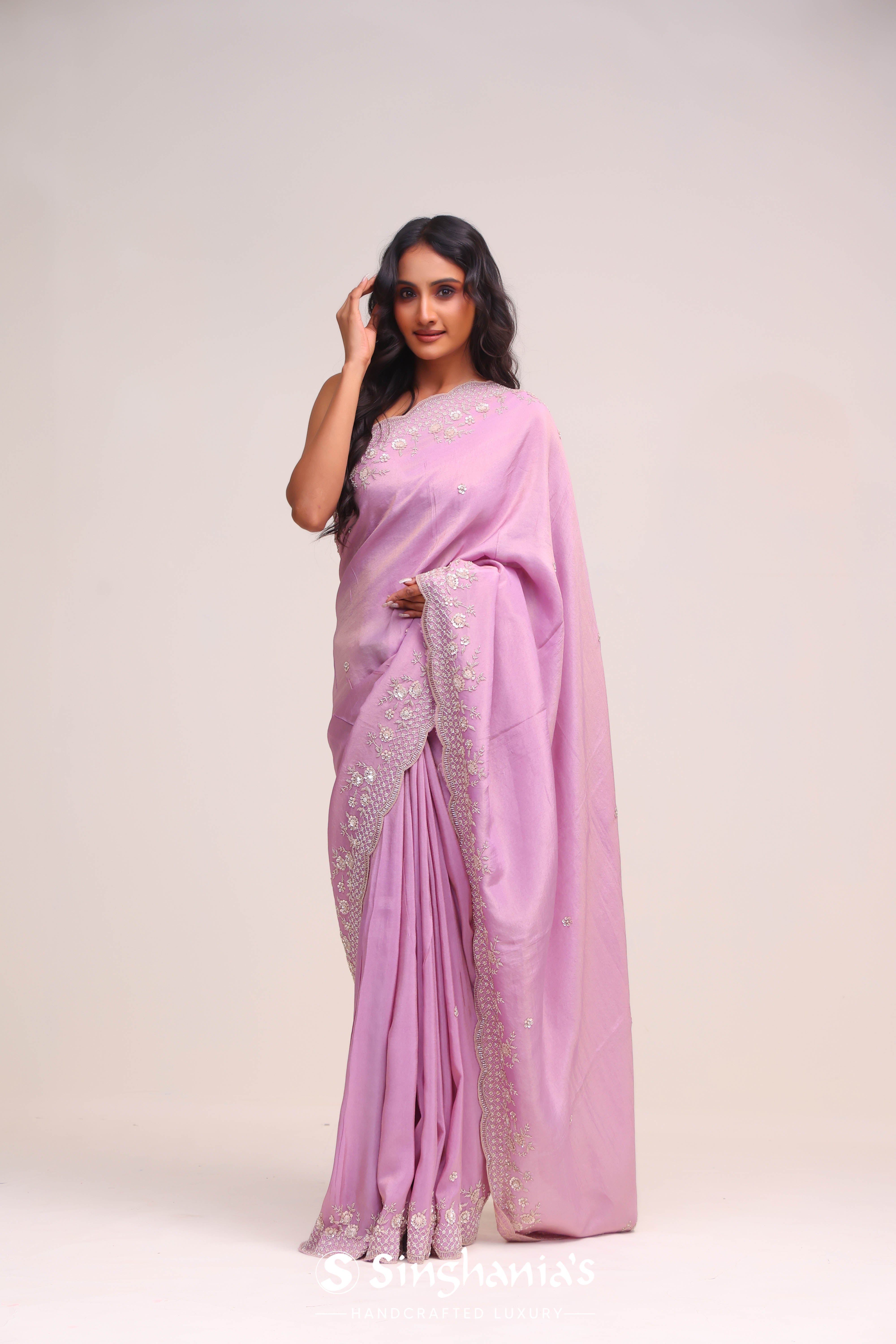 Plum Purple Tissue Saree With Hand Embroidery