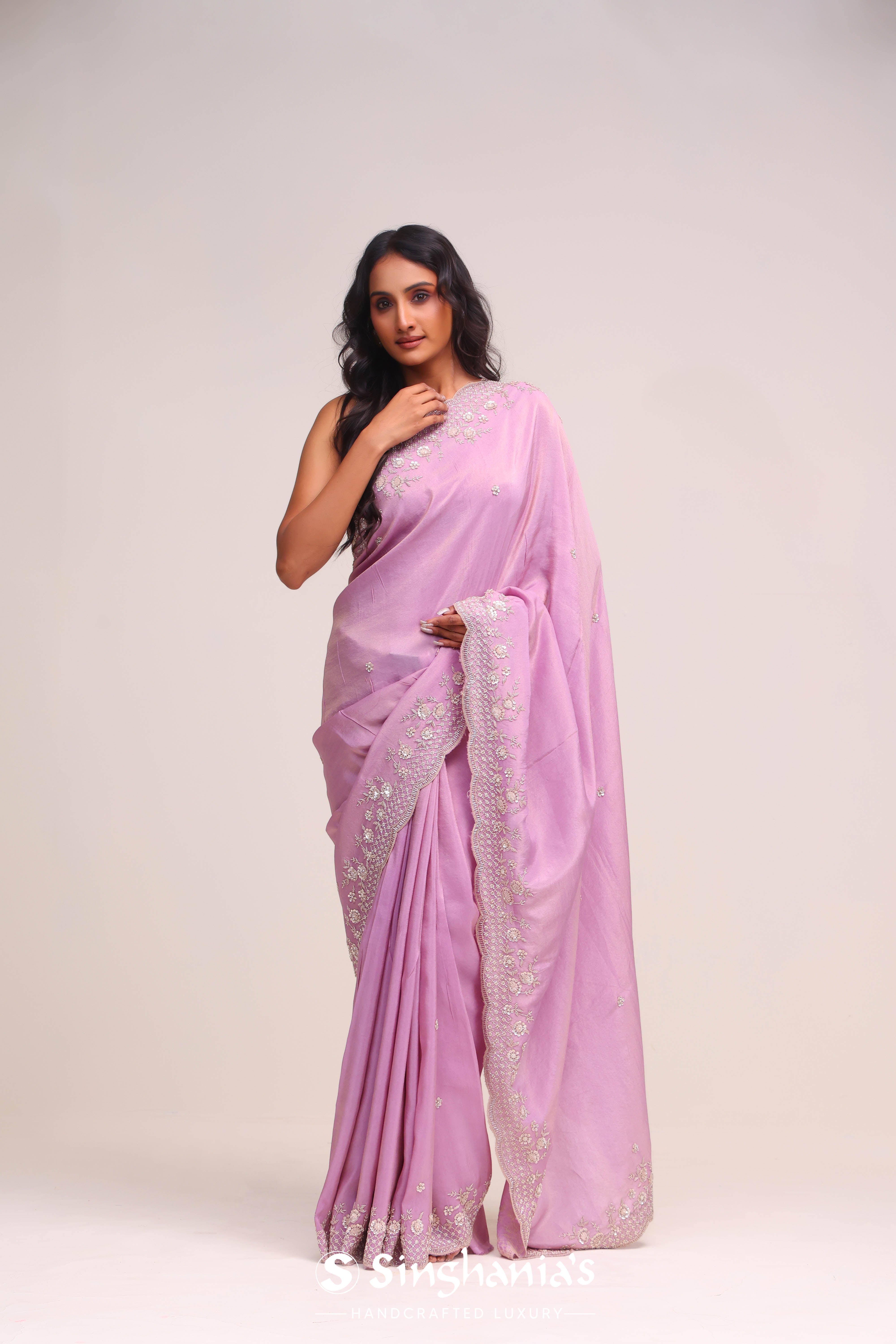 Plum Purple Tissue Saree With Hand Embroidery