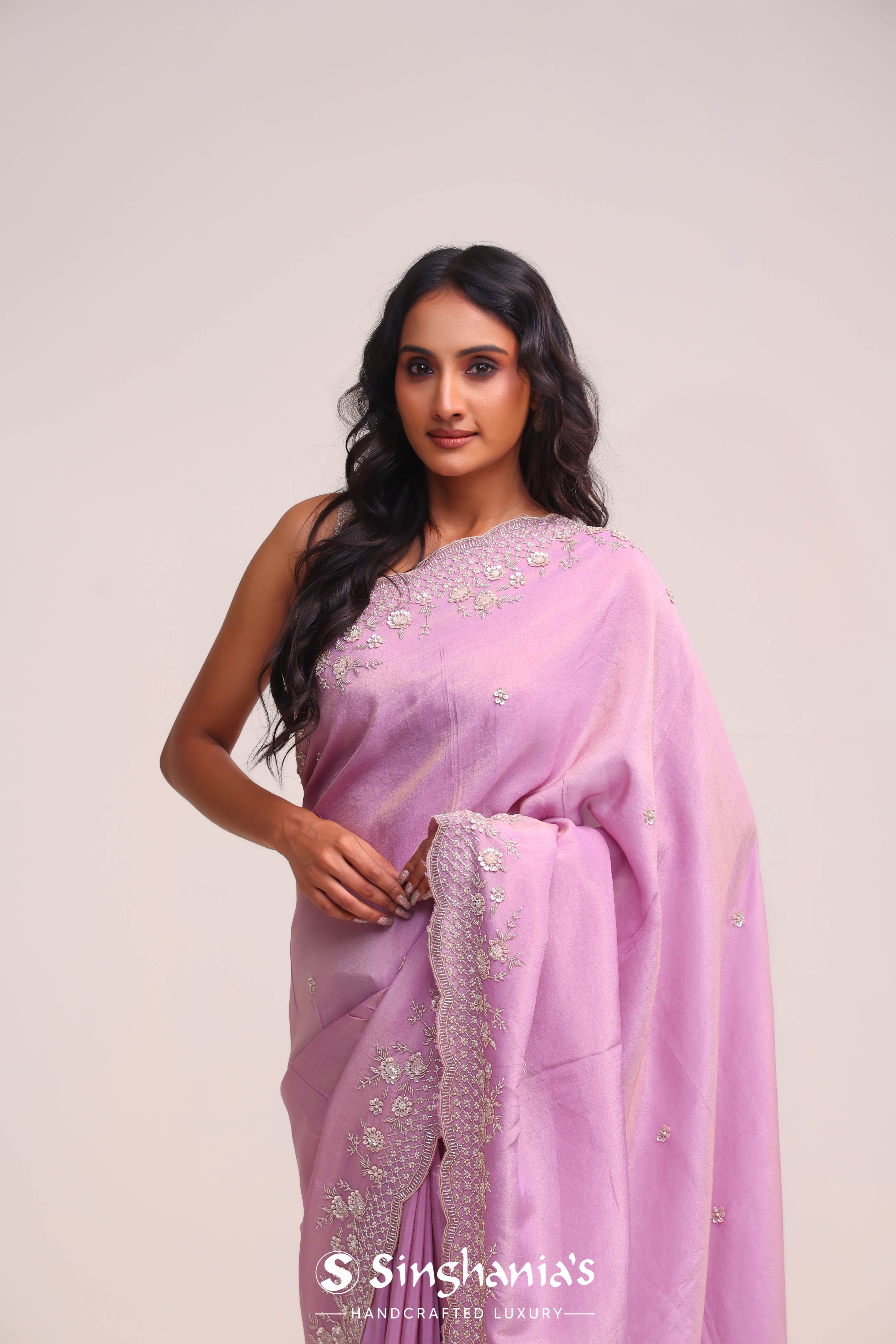 Plum Purple Tissue Saree With Hand Embroidery