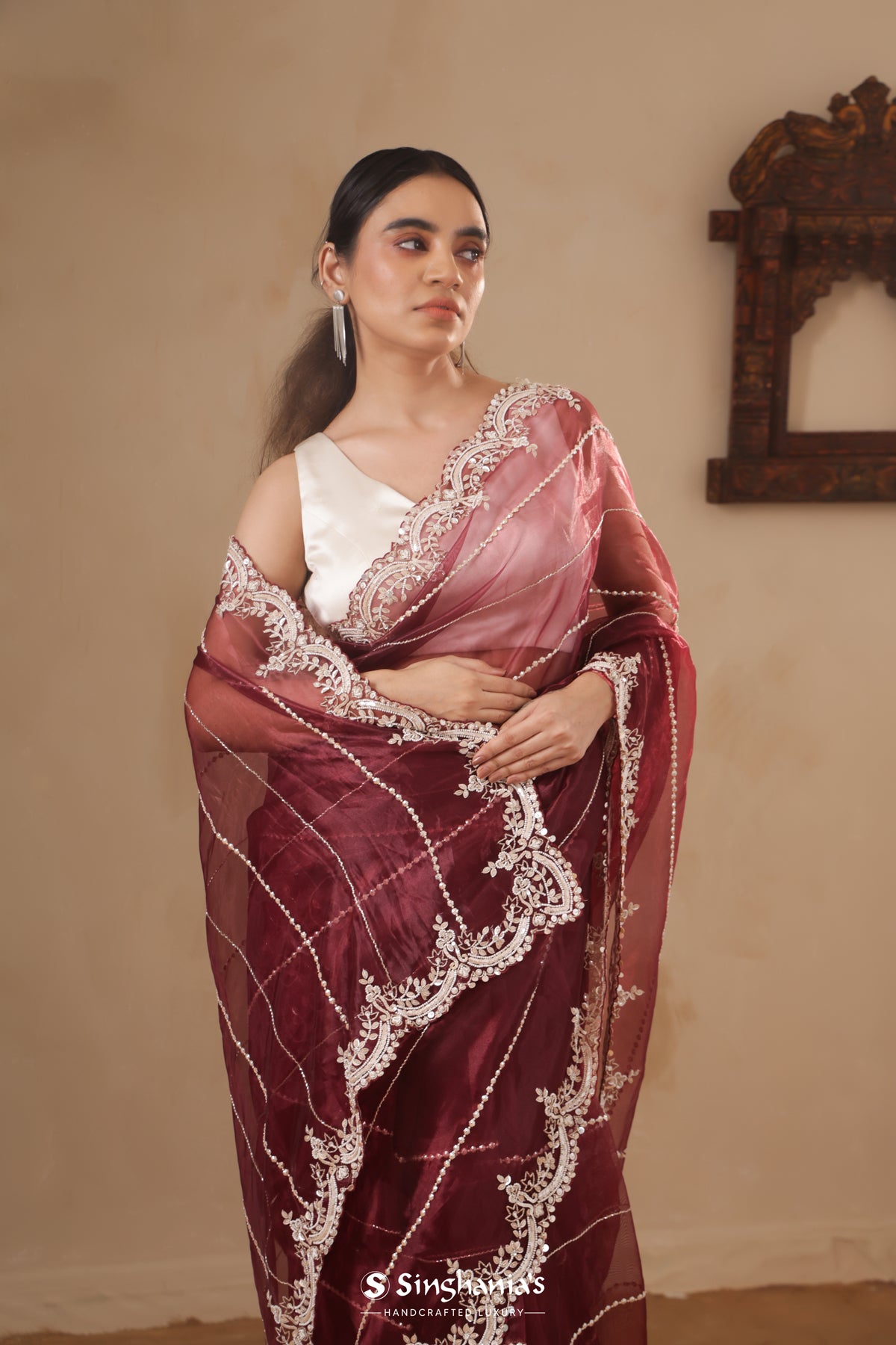 Wine Red Organza Saree With Hand Embroidery