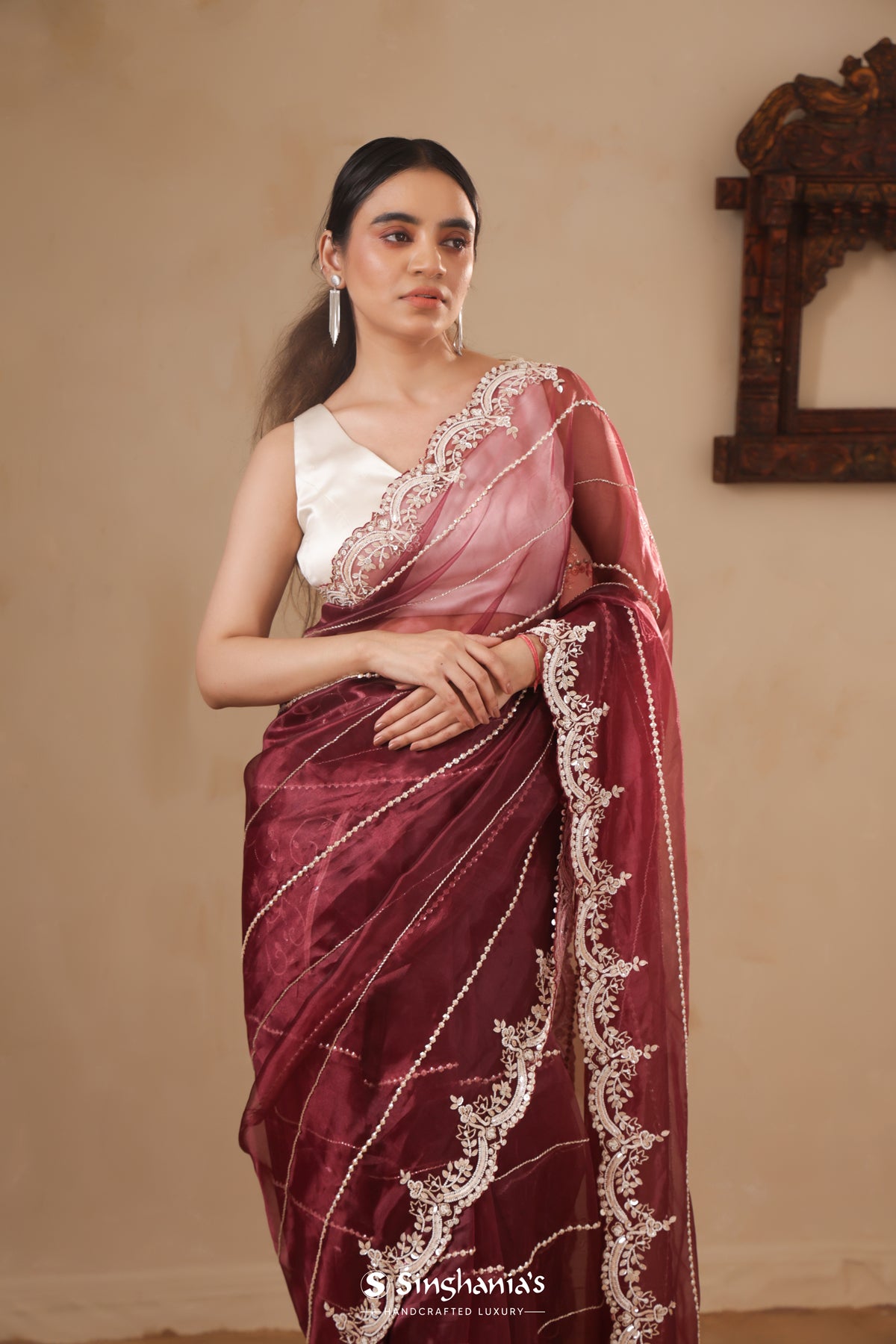 Wine Red Organza Saree With Hand Embroidery