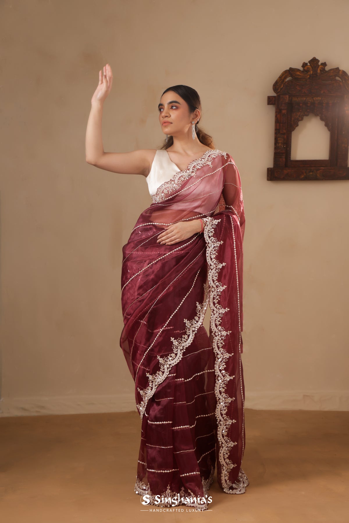 Wine Red Organza Saree With Hand Embroidery