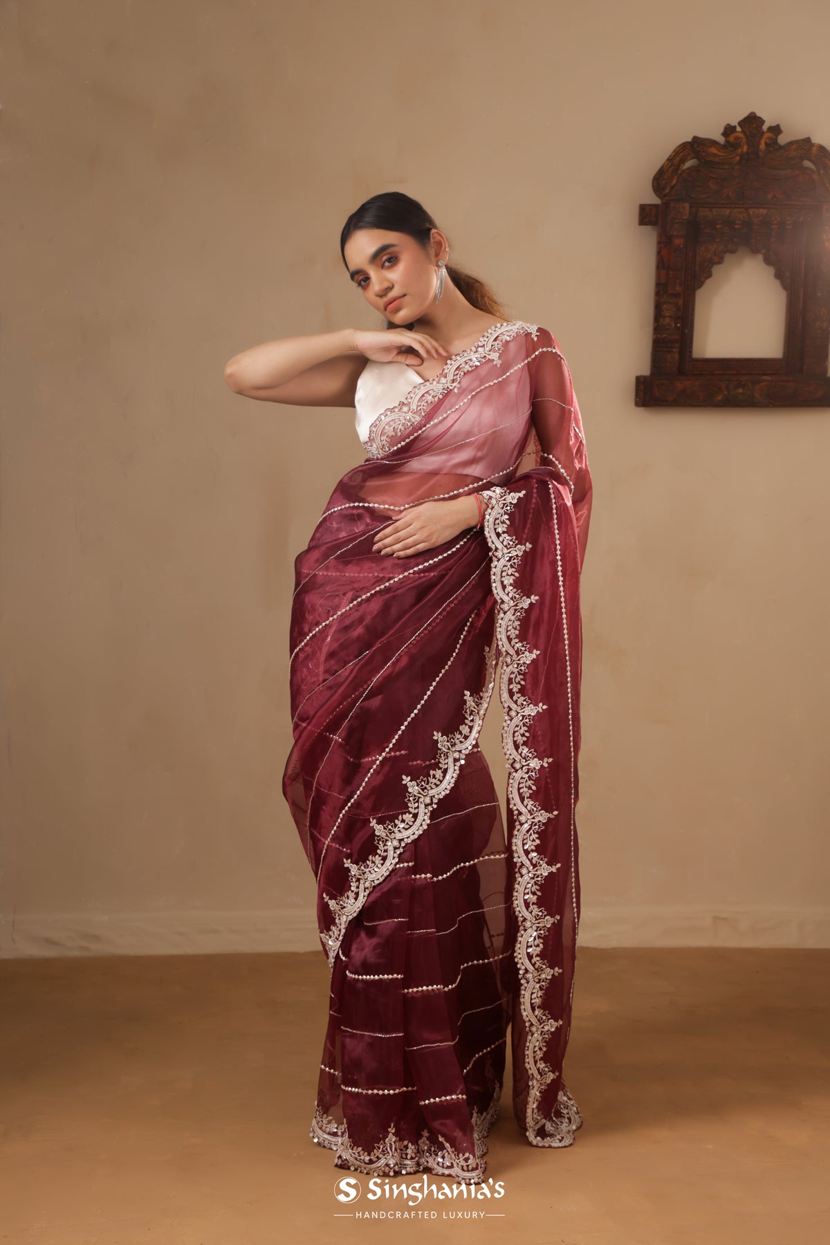 Wine Red Organza Saree With Hand Embroidery