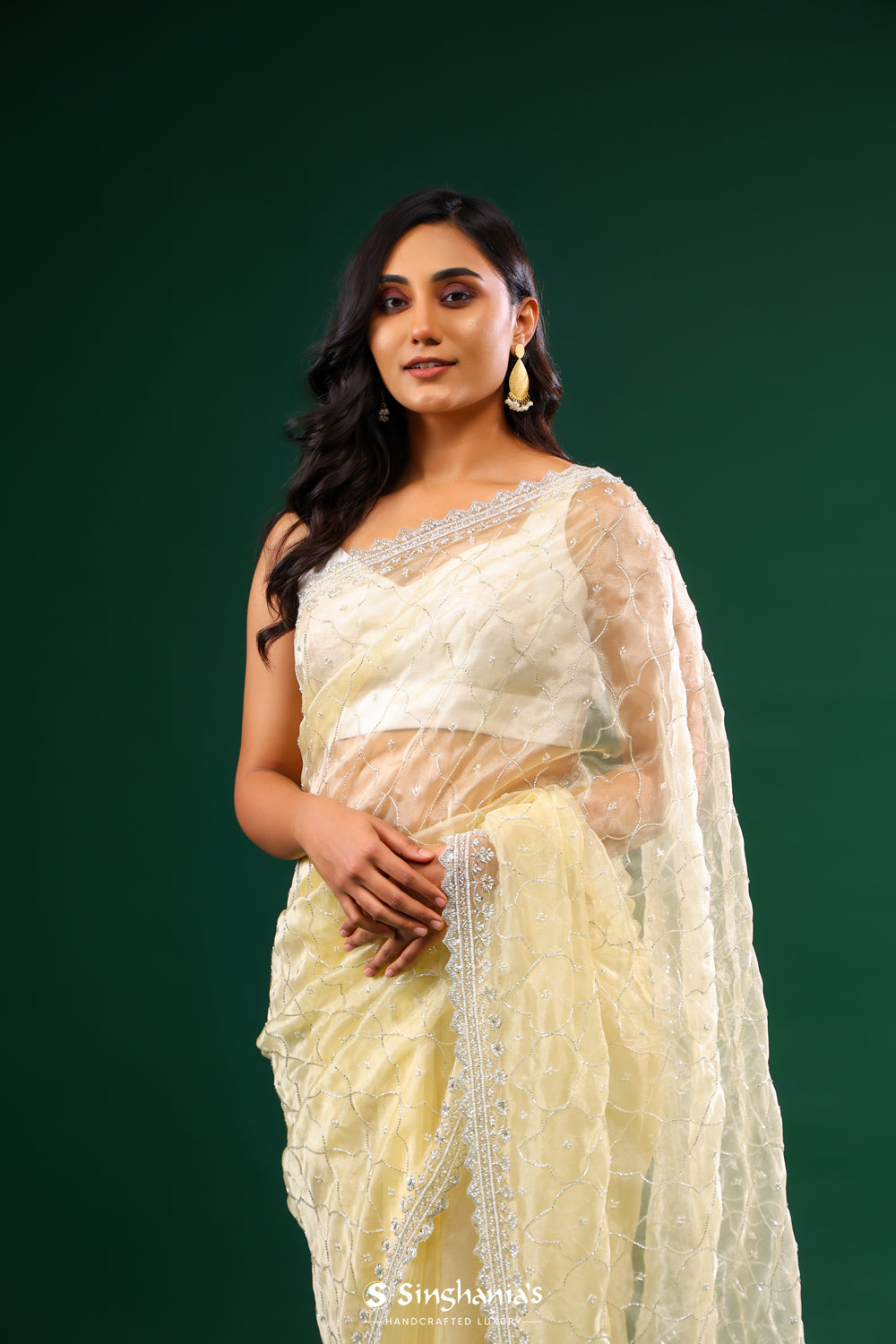 Tender Yellow Tissue Organza Saree With Jaal Embroidery