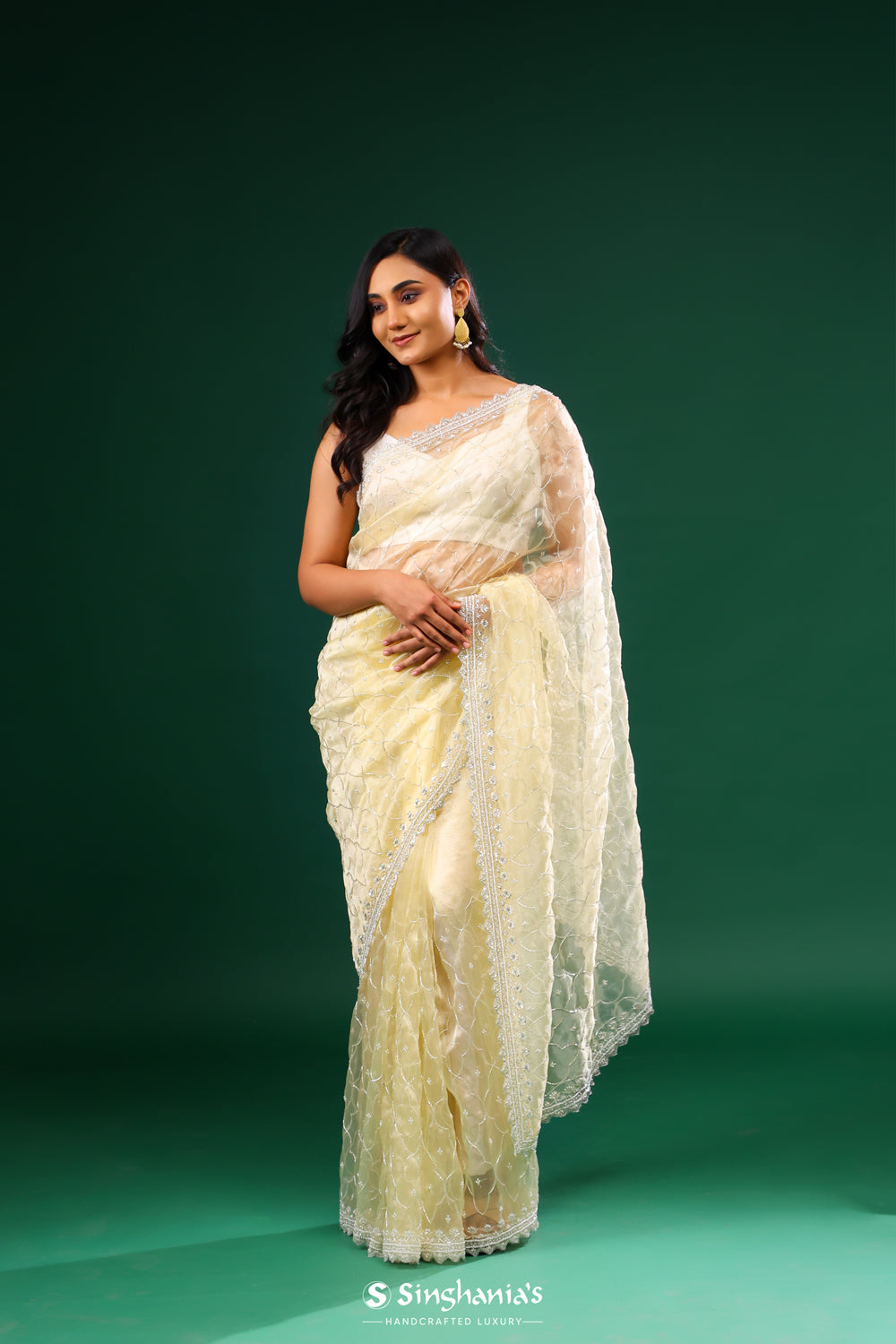 Tender Yellow Tissue Organza Saree With Jaal Embroidery