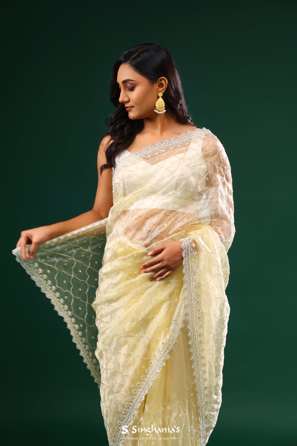 Tender Yellow Tissue Organza Saree With Jaal Embroidery