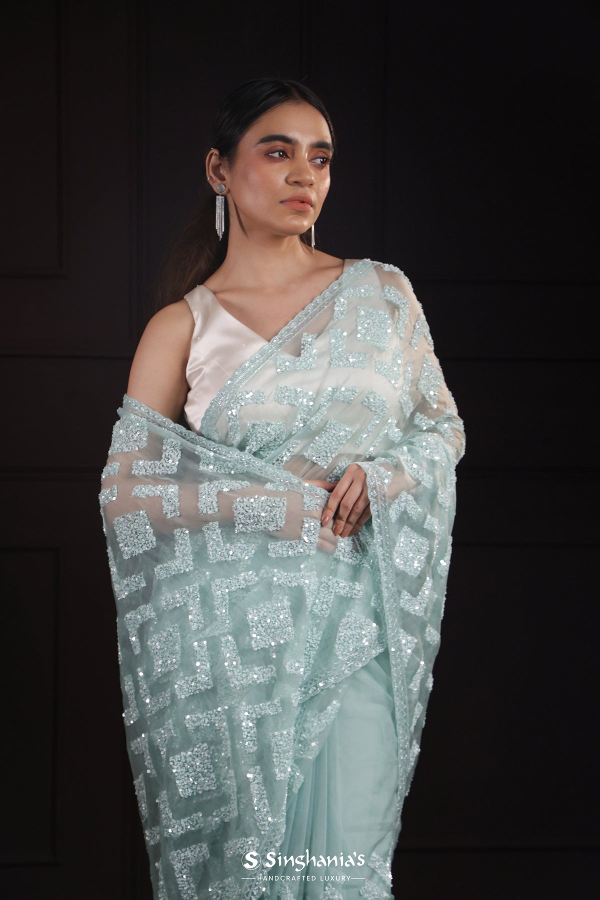 Pastel Sky Blue Organza Designer Saree With Embroidery Border