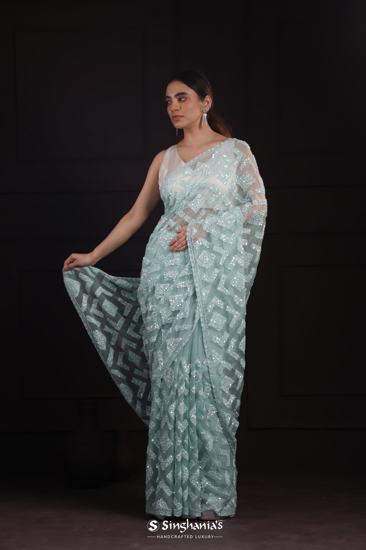 Pastel Sky Blue Organza Designer Saree With Embroidery Border