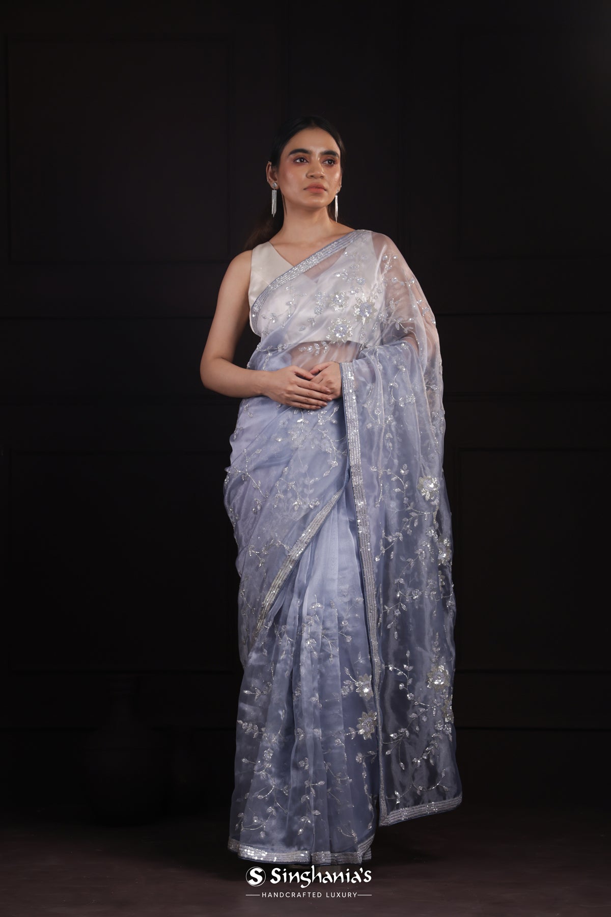 Grayish Blue Tissue Organza Saree With Hand Embroidery