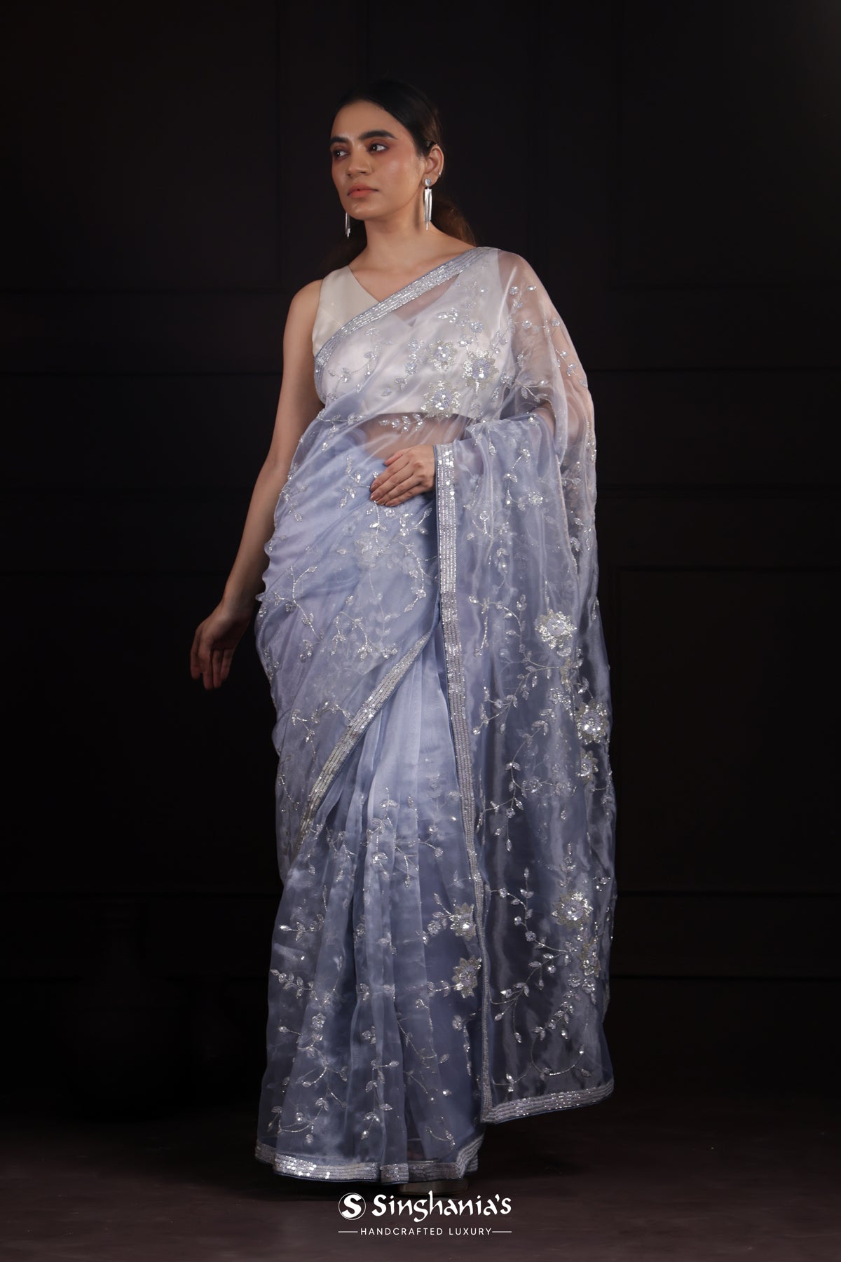 Grayish Blue Tissue Organza Saree With Hand Embroidery