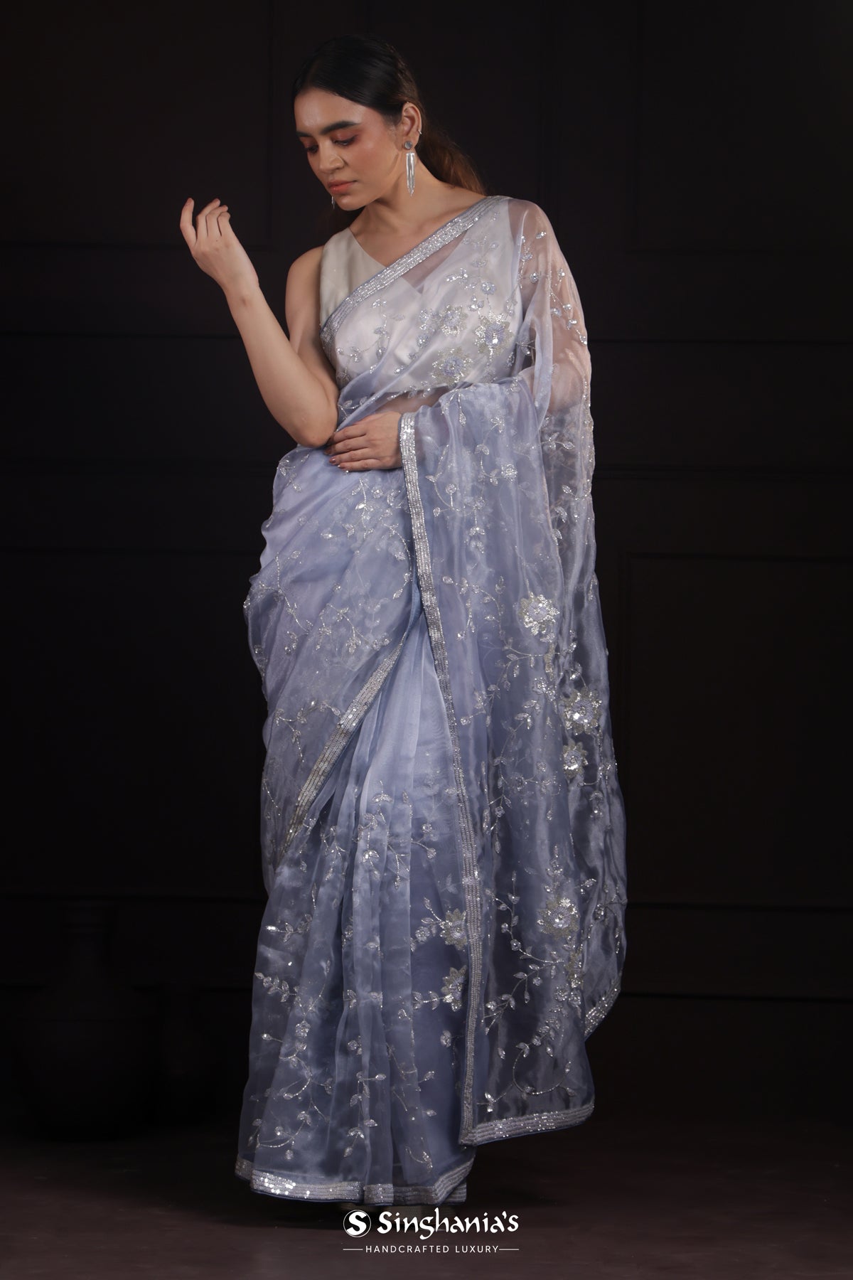 Grayish Blue Tissue Organza Saree With Hand Embroidery