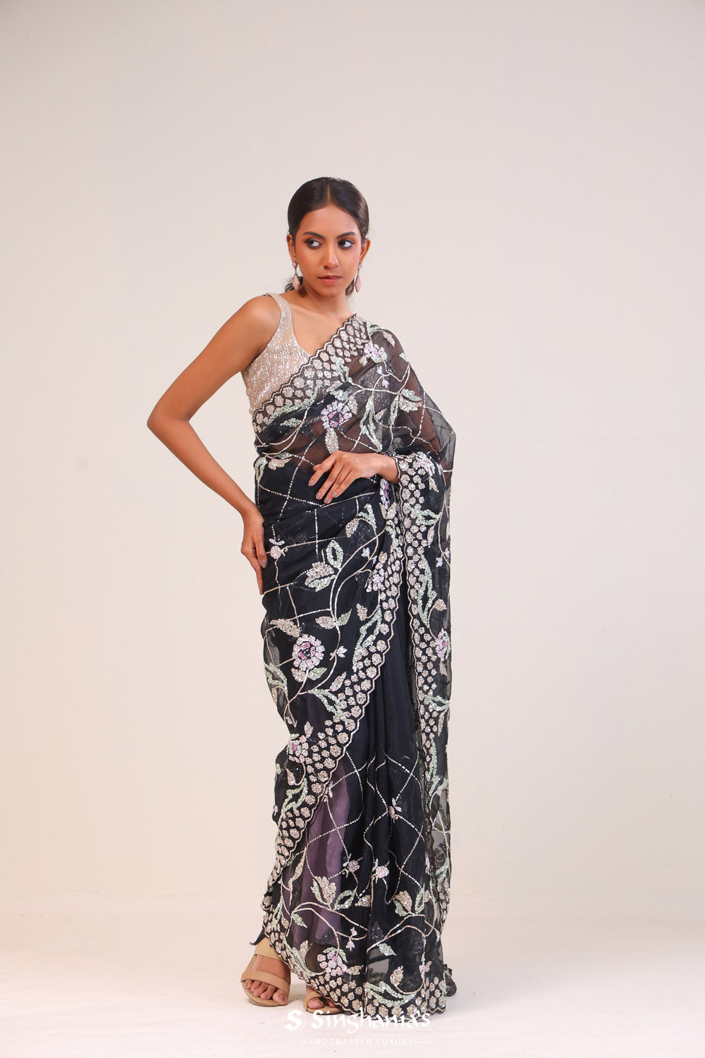 Jade Black Organza Handcrafted Saree