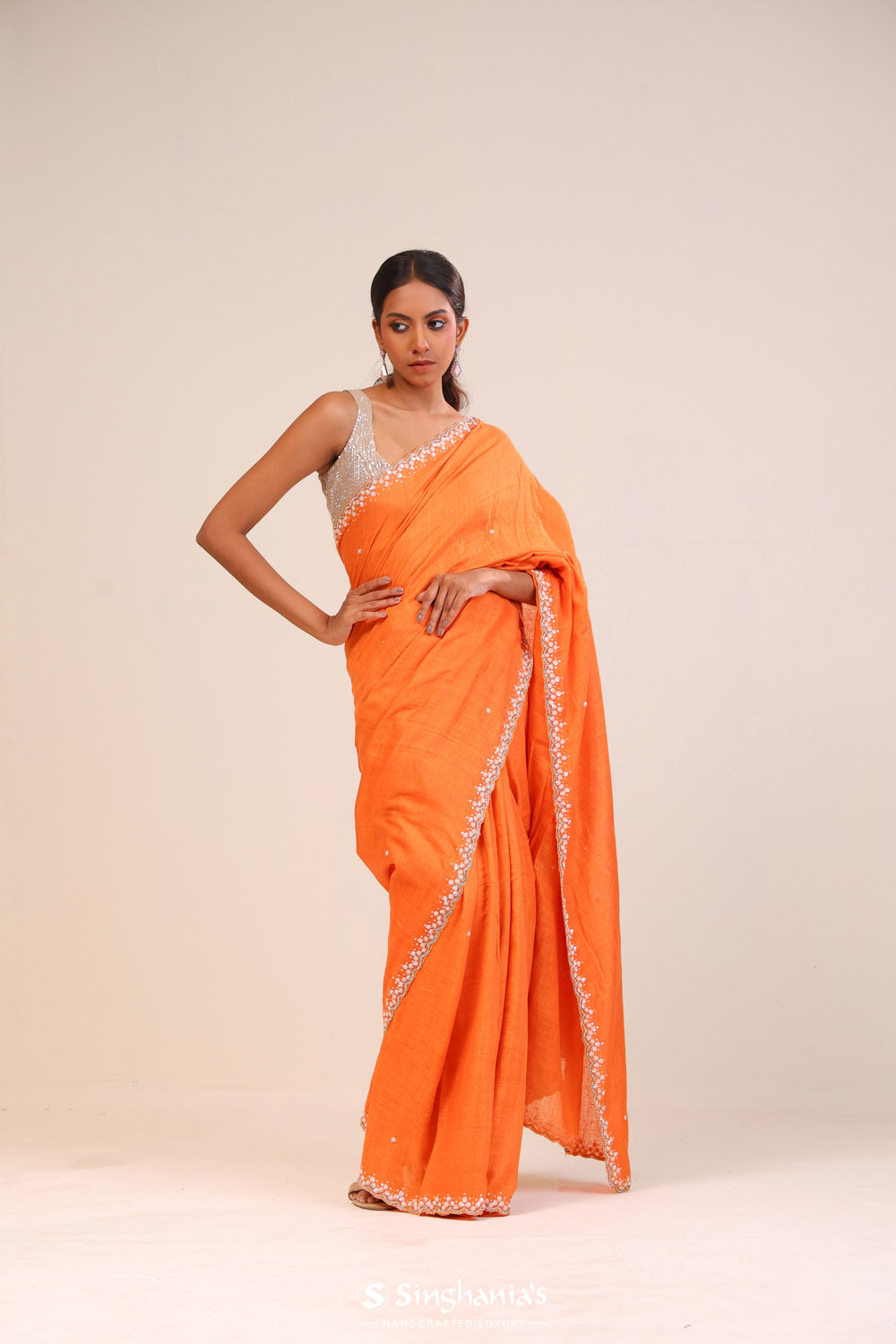 Bright Orange Matka Silk Handcrafted Saree