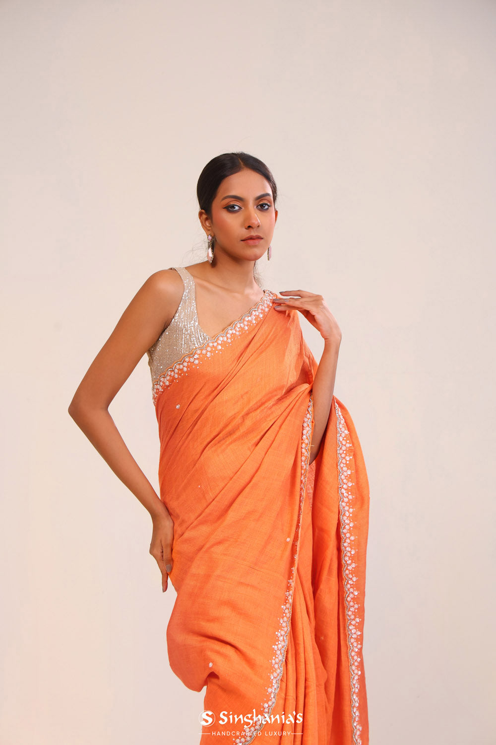 Bright Orange Matka Silk Handcrafted Saree