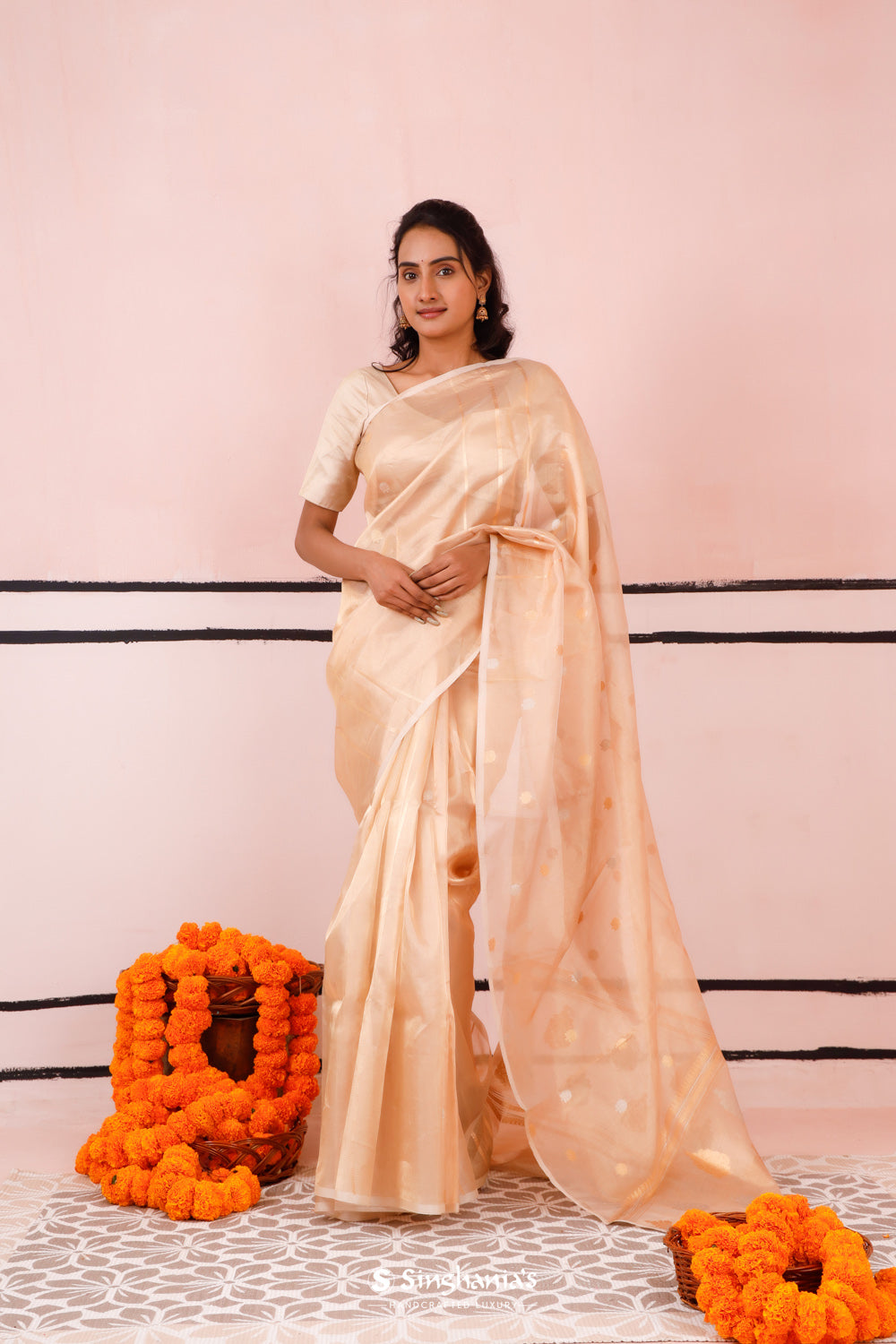 Pink Gold Tissue Banarasi Silk Saree With Zari Weaving