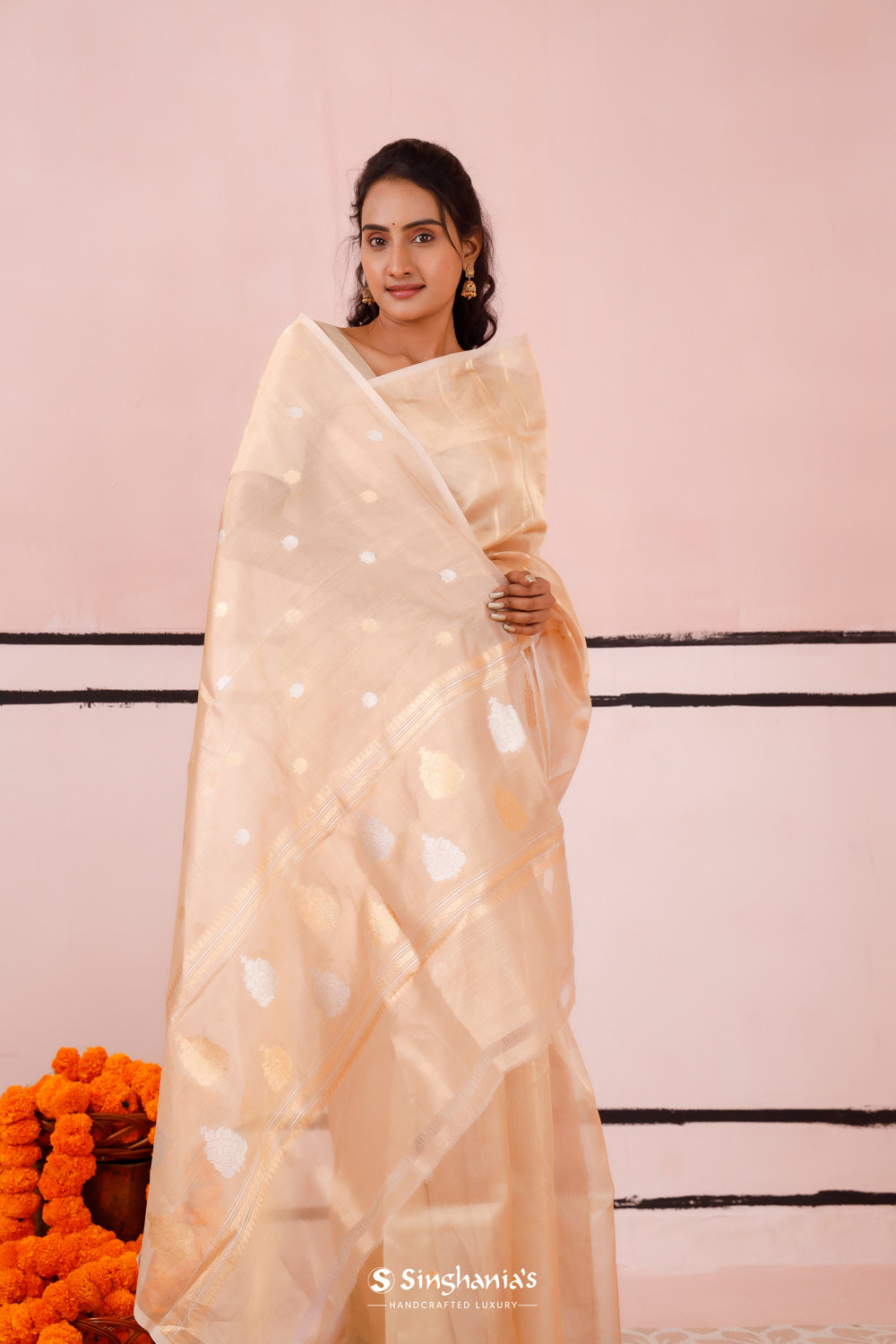 Pink Gold Tissue Banarasi Silk Saree With Zari Weaving