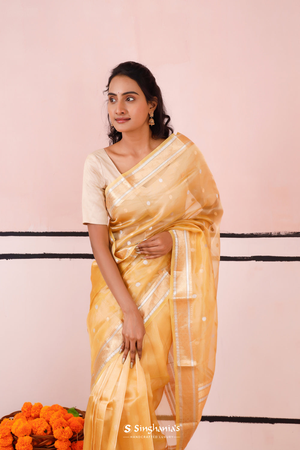 Pastel Gold Tissue Banarasi Saree With Zari Buttis