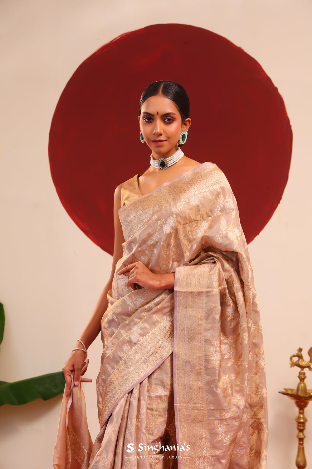 Golden Beige Tissue Banarasi Saree With Floral Accents