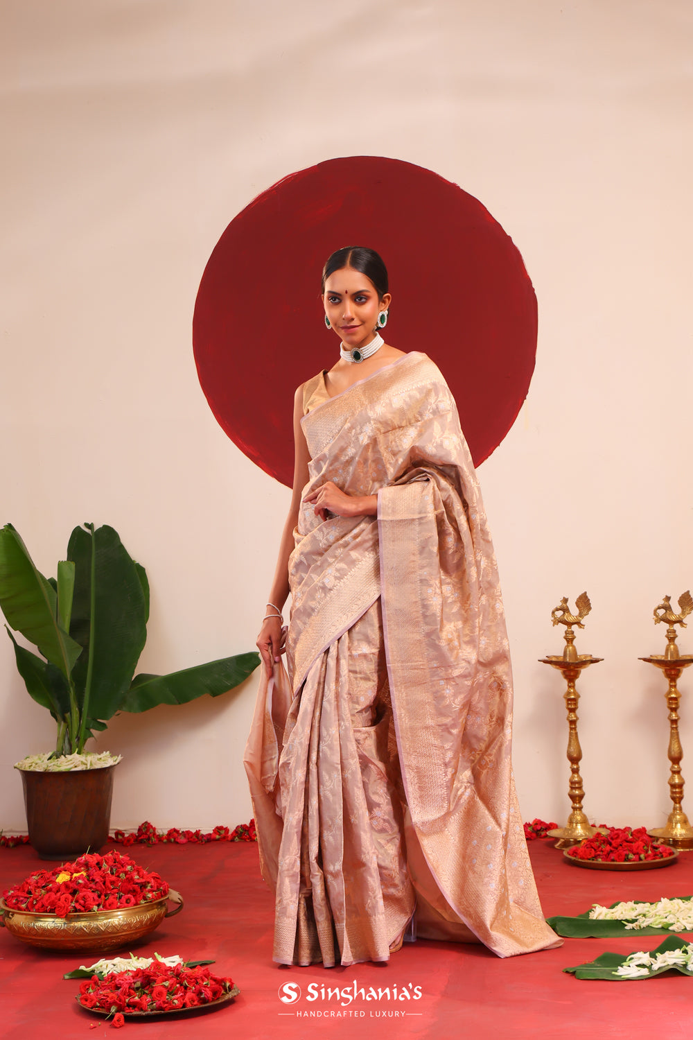 Golden Beige Tissue Banarasi Saree With Floral Accents