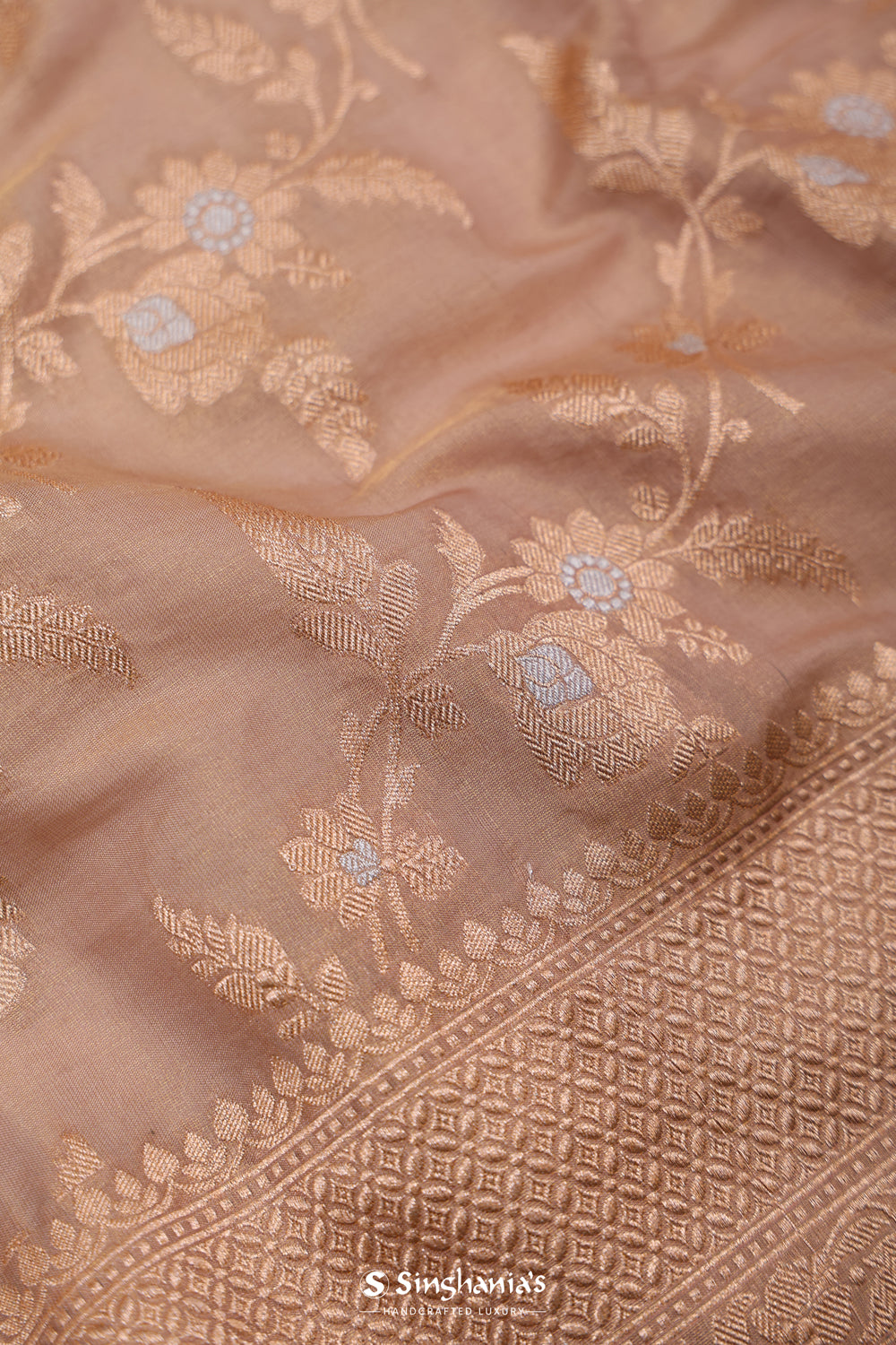 Golden Beige Tissue Banarasi Saree With Floral Accents