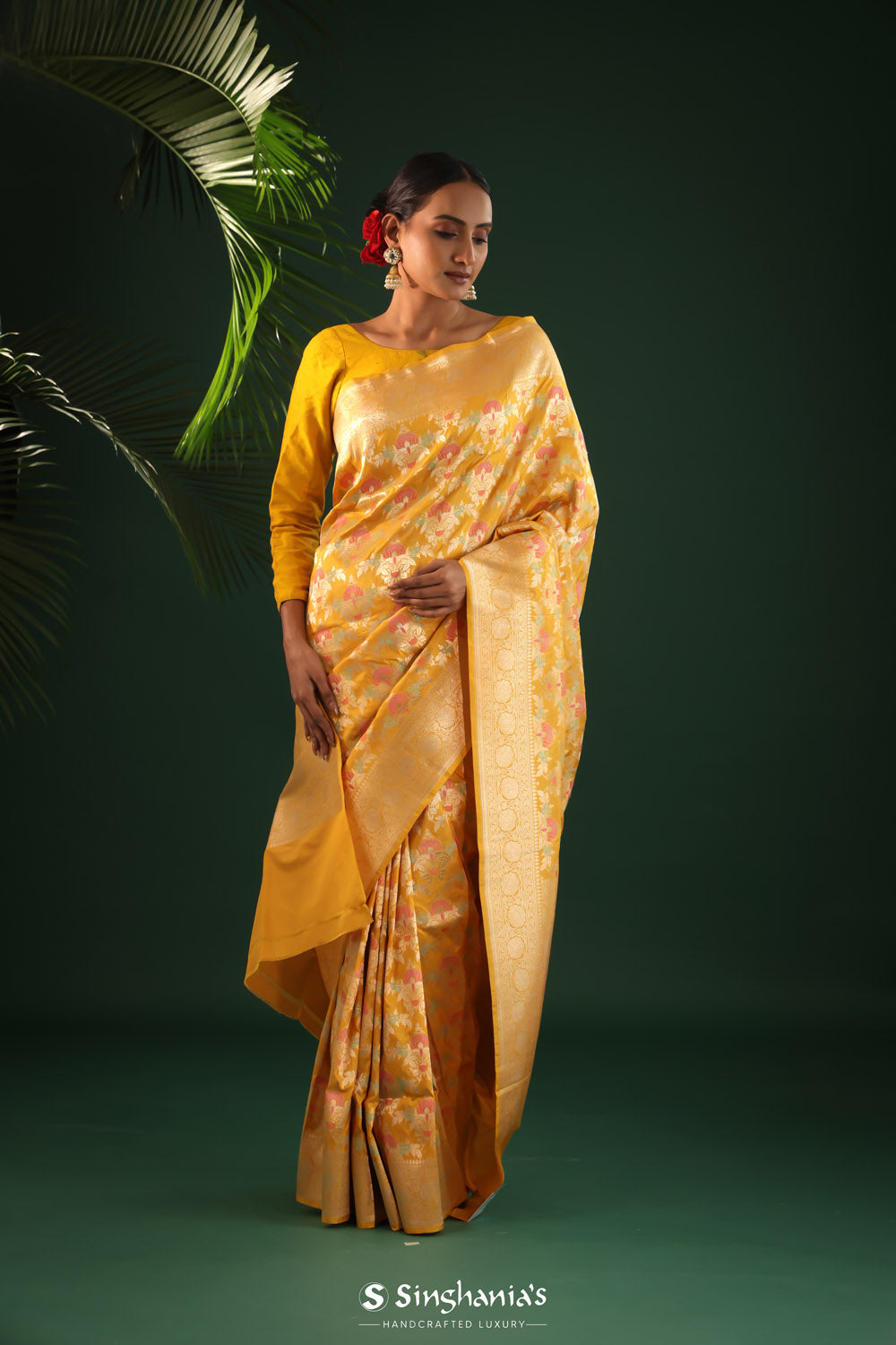 Saffron Yellow Banarasi Silk Saree With Floral Meenakari Magic