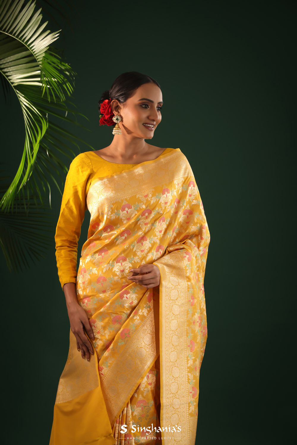 Saffron Yellow Banarasi Silk Saree With Floral Meenakari Magic