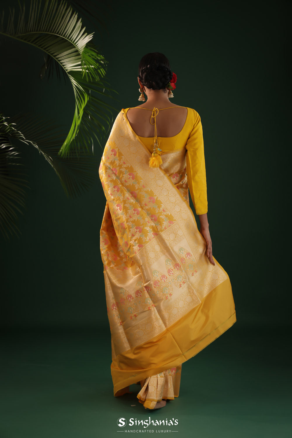 Saffron Yellow Banarasi Silk Saree With Floral Meenakari Magic