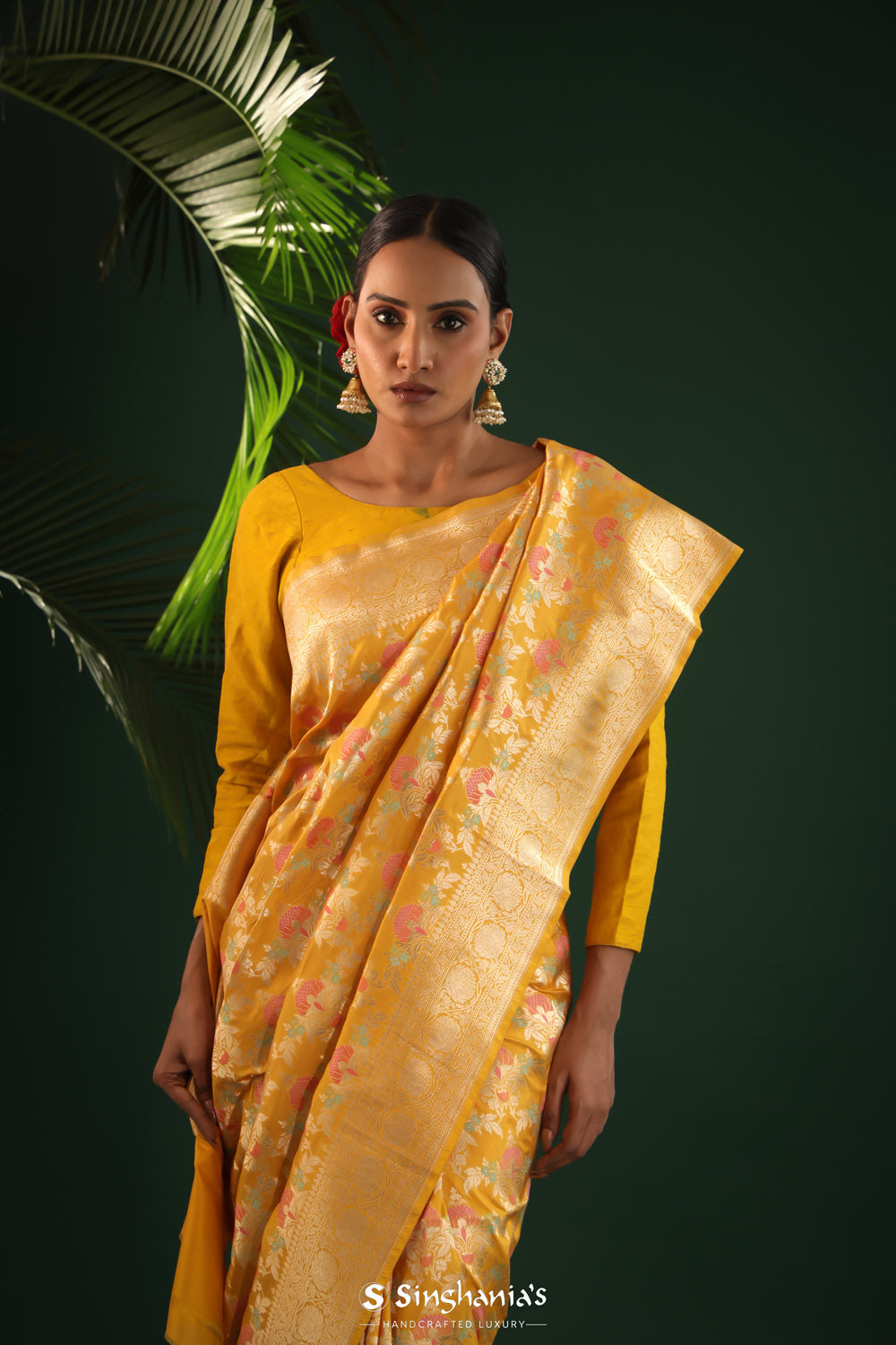 Saffron Yellow Banarasi Silk Saree With Floral Meenakari Magic