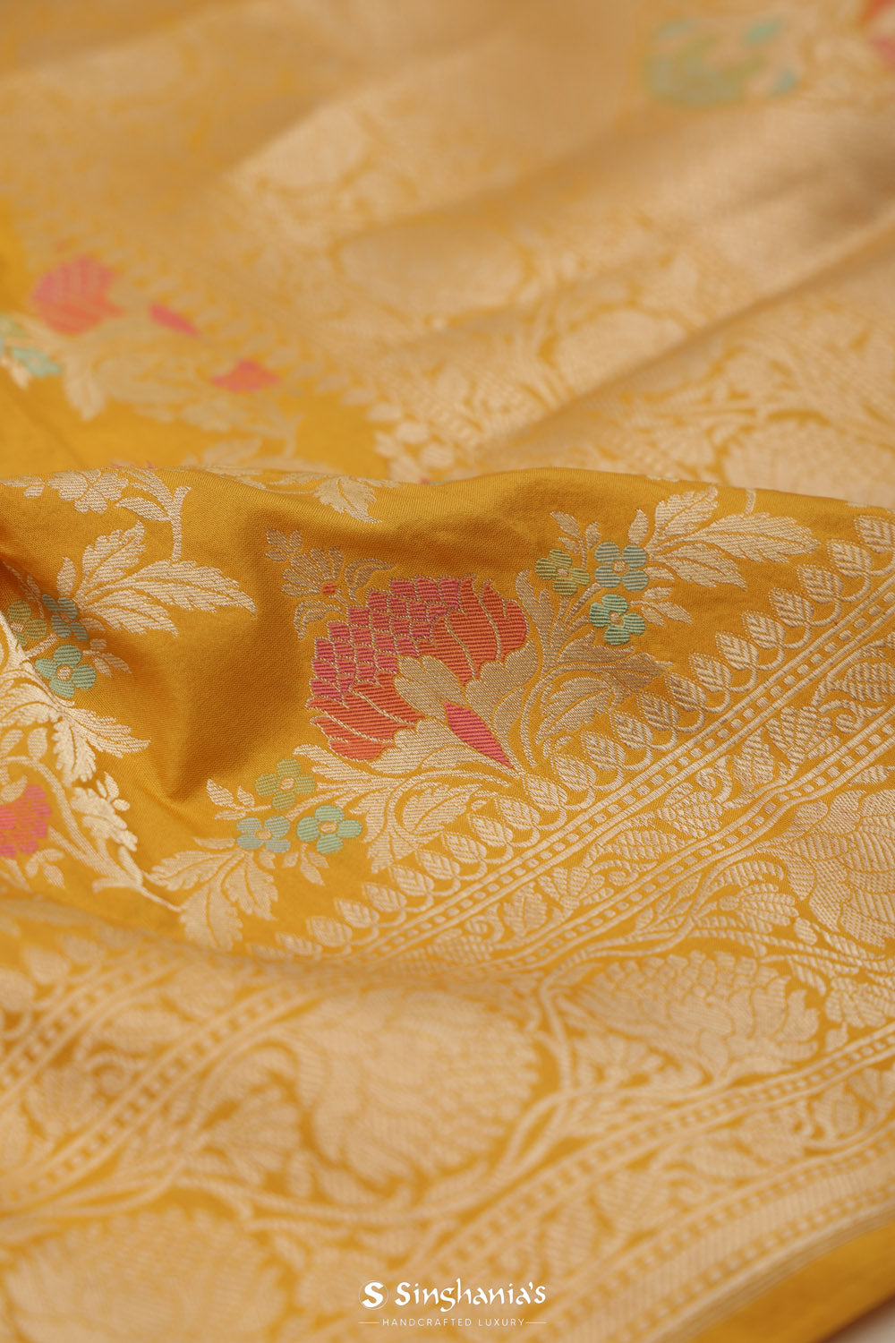 Saffron Yellow Banarasi Silk Saree With Floral Meenakari Magic