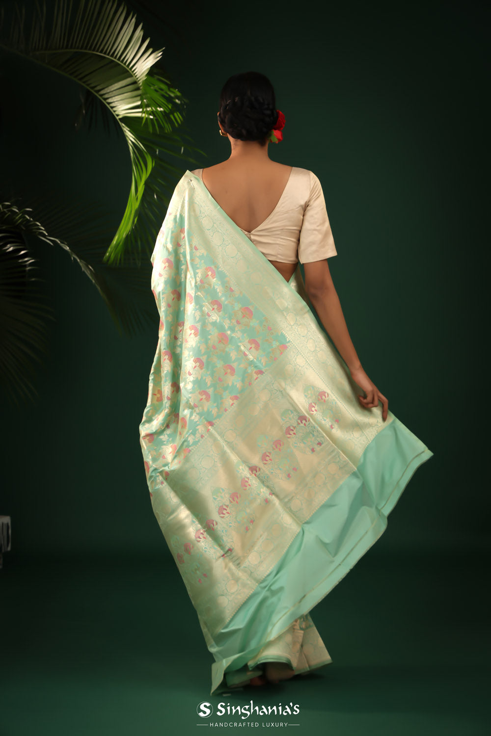 Soft Green Banarasi Silk Saree With Meenakari Floral Jaal