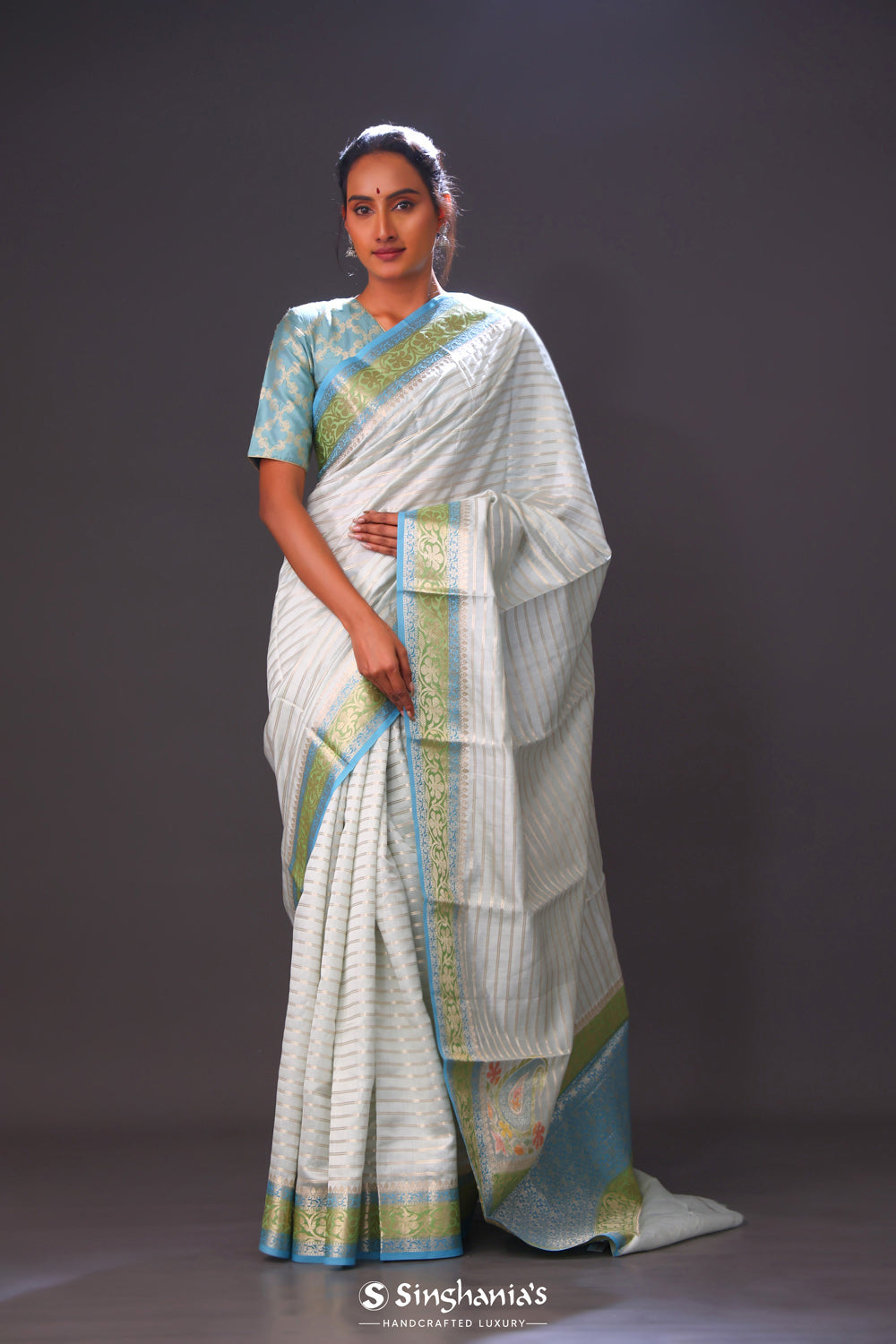 Light Blue-Green Chiniya Banarasi Silk Saree