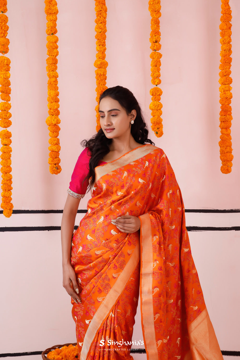 Vivid Orange Banarasi Satin Saree With Floral-Fauna Elegance