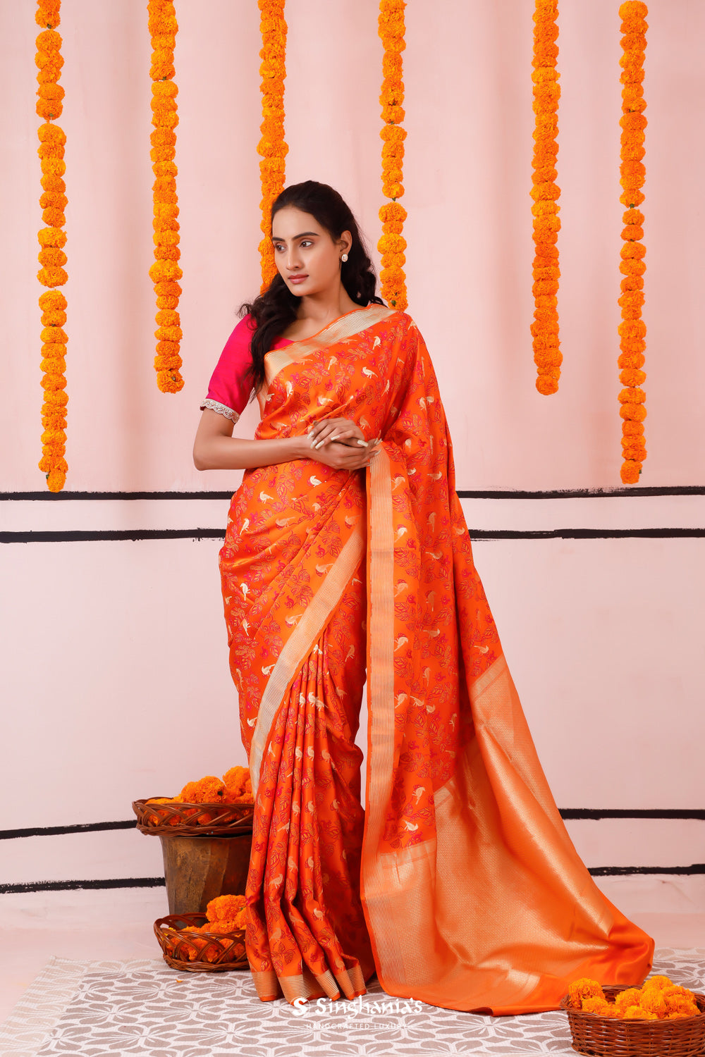 Vivid Orange Banarasi Satin Saree With Floral-Fauna Elegance